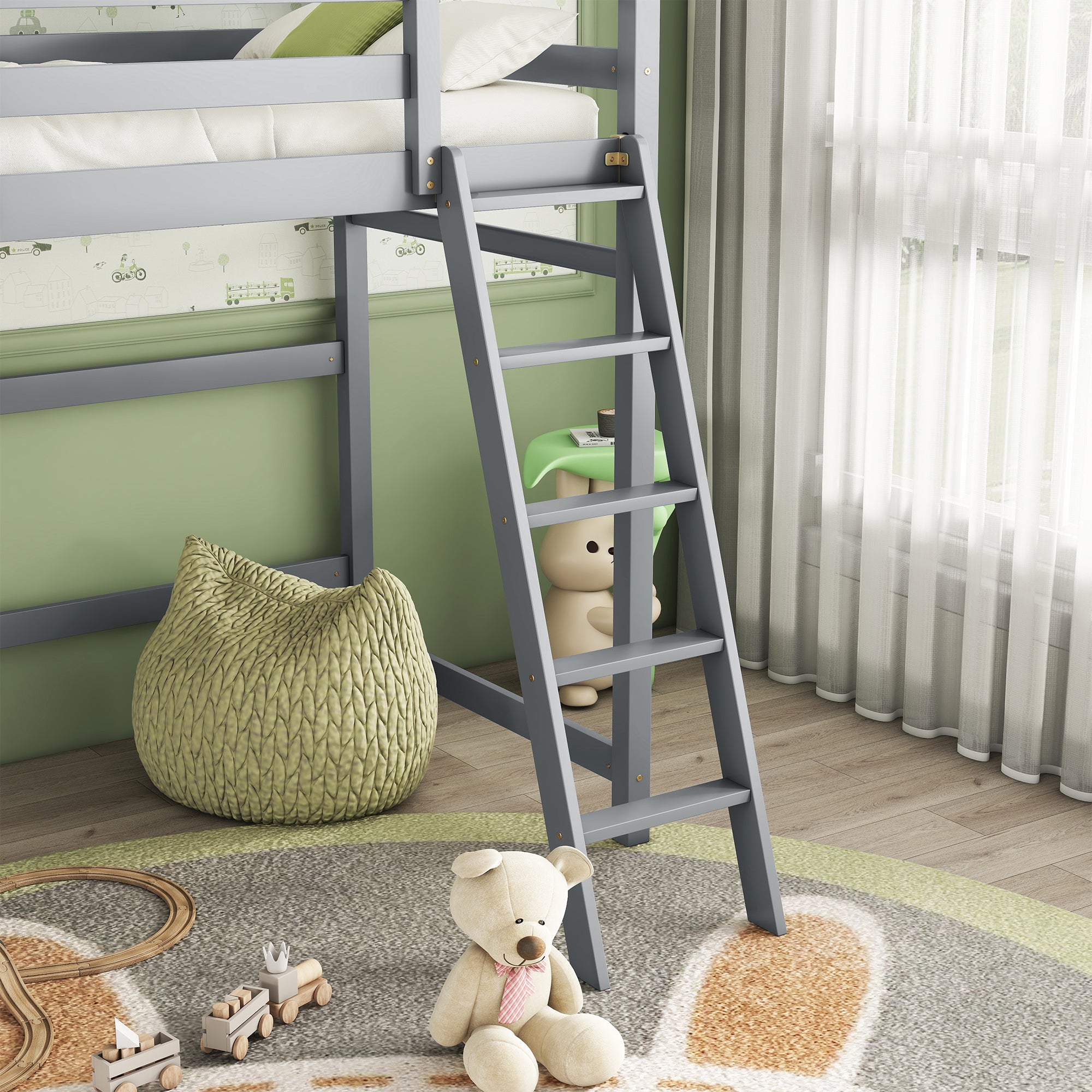 Gray Twin Size High Loft Bed with Inclined Ladder and Guardrails