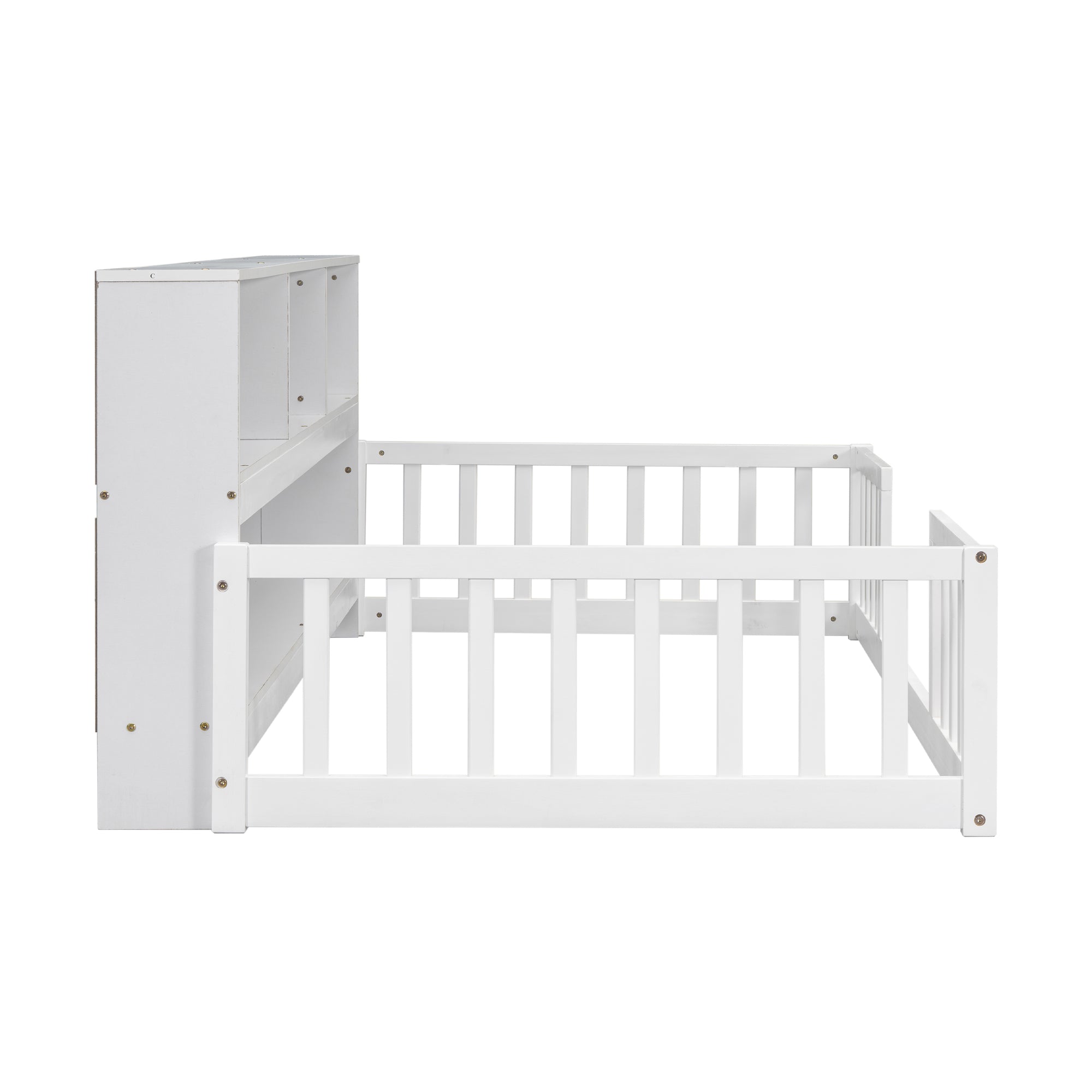 Twin Toddler Floor Bed with Bedside Bookcase, Shelves, and Guardrails in White