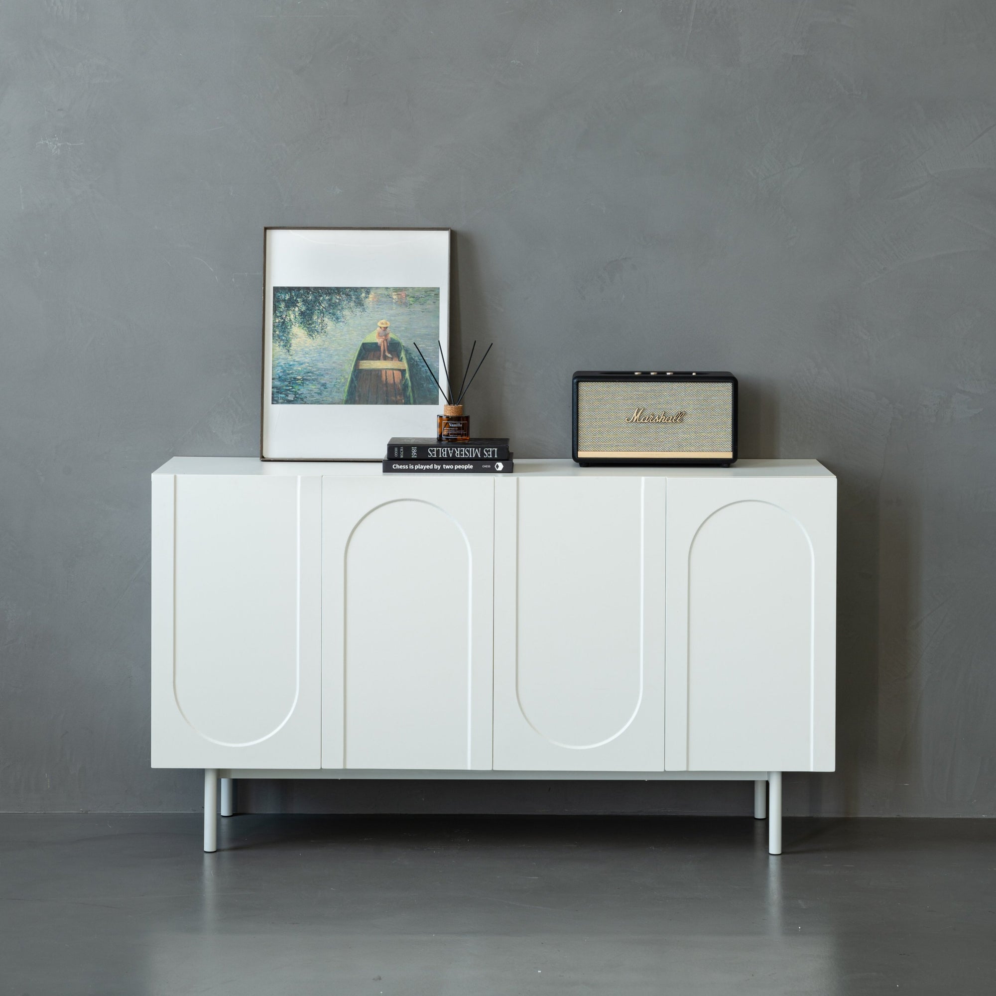 Modern 4 Door Cabinet Sideboard Buffet for Living Room Storage In Cream White