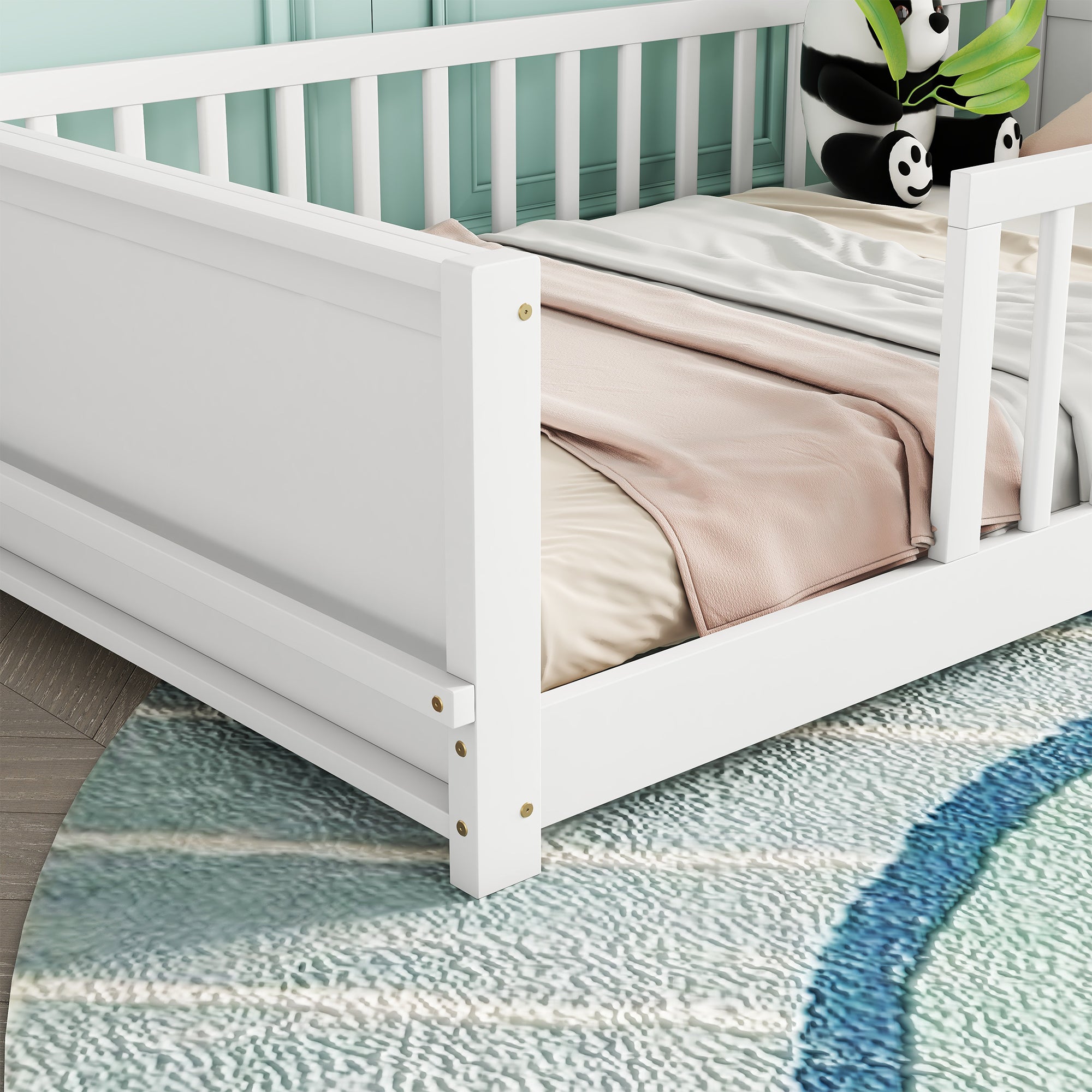 White Twin Toddler Floor Platform Bed with Built-in Book Storage Rack