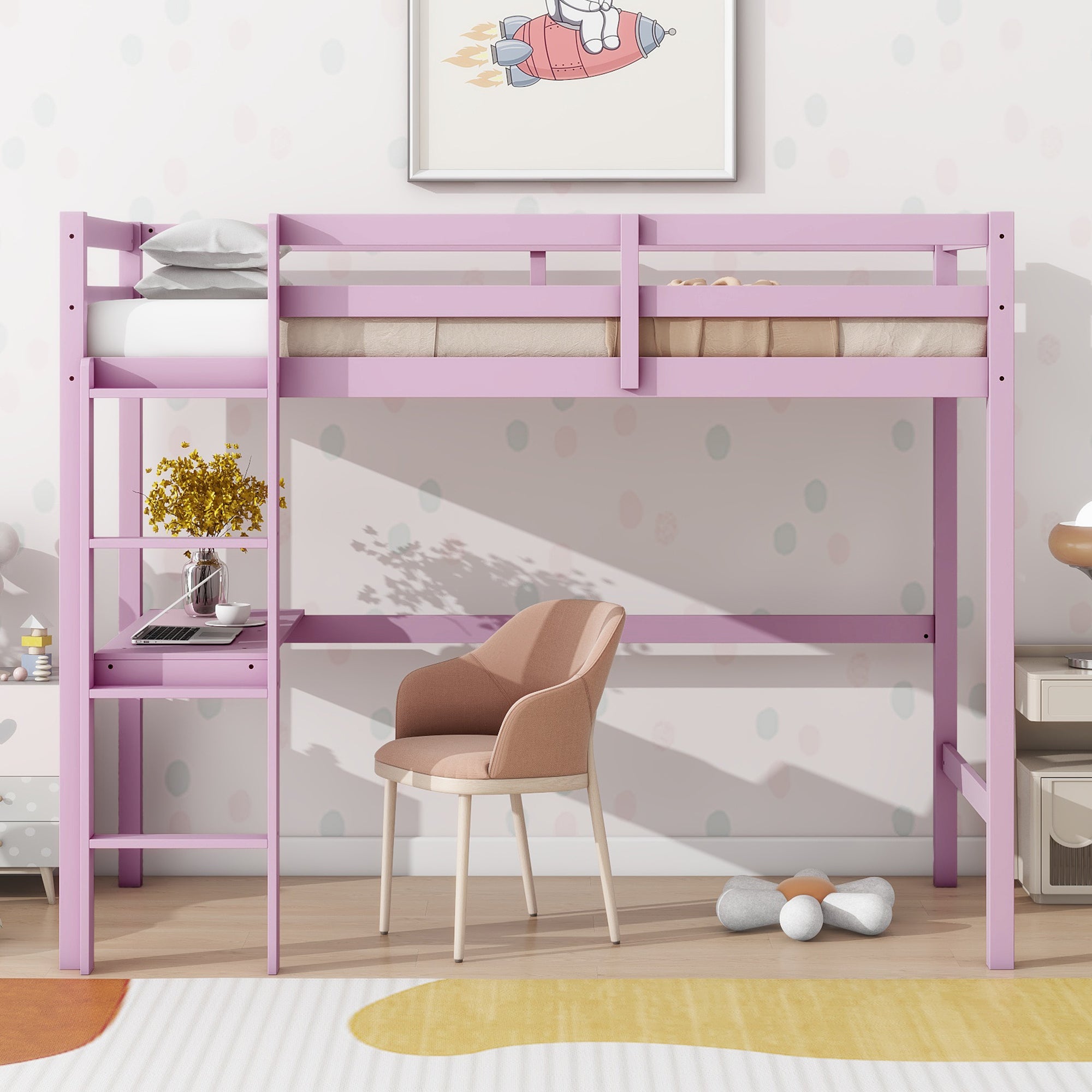 Pink Twin High Loft Bed with Built-in Desk, Rubber Wood Frame, and Safety Guardrail