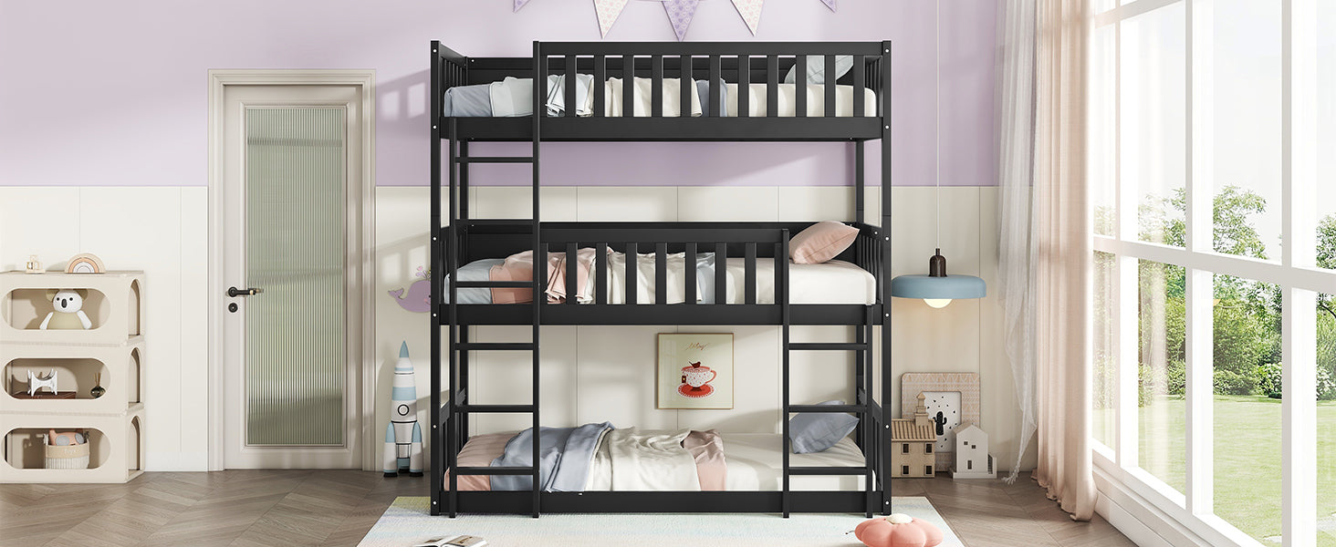 Black Twin Size Triple Rubber Wood Bunk Bed with Ladders and Detachable Design