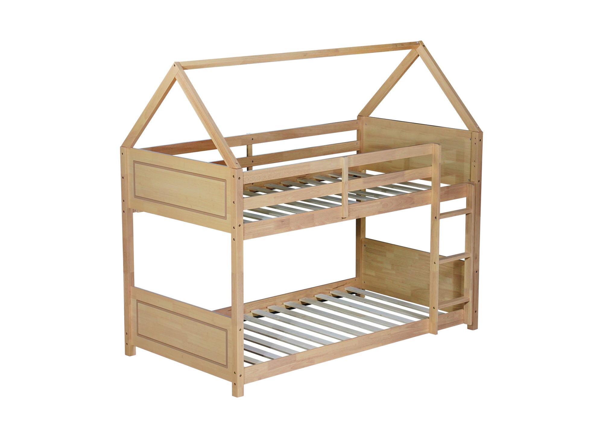 White Oak Twin Over Twin House Floor Bunk Bed with Headboards, Footboards, Guardrails, and Ladder