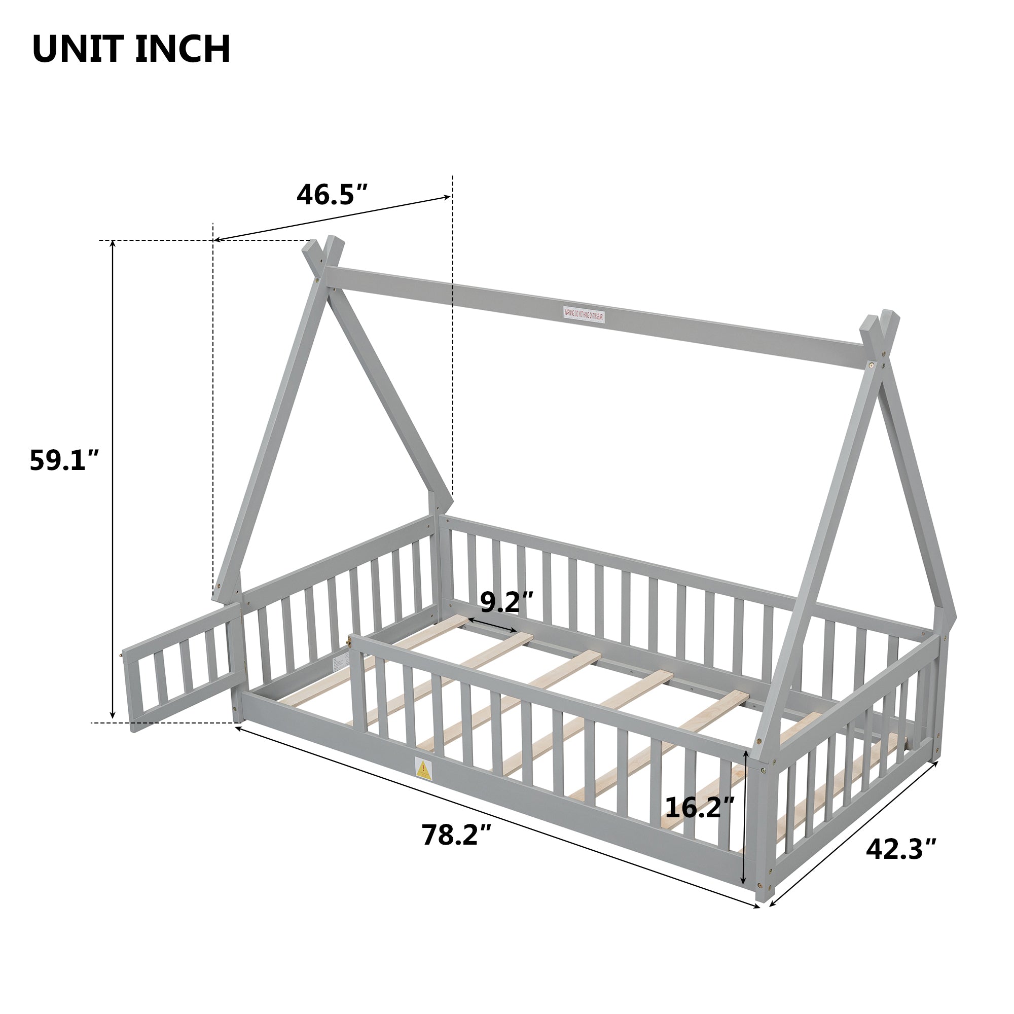 Gray Twin Tent-Shaped Toddler Floor Bed with Guardrails, Slats, and Door