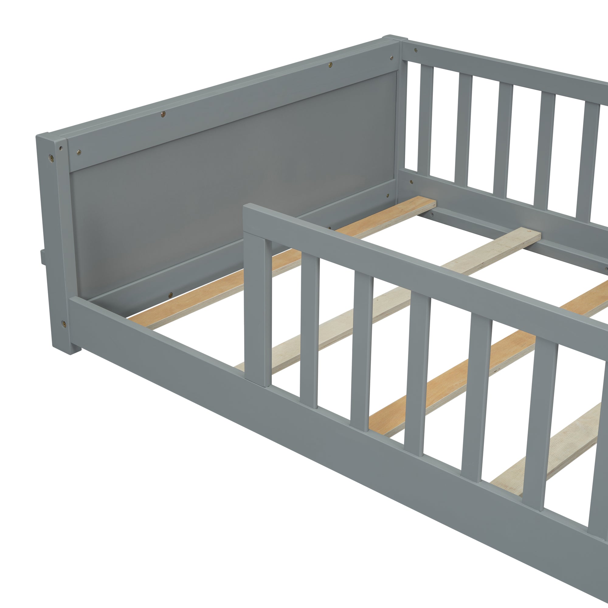 Gray Twin Toddler Floor Bed with Built-in Book Storage Rack