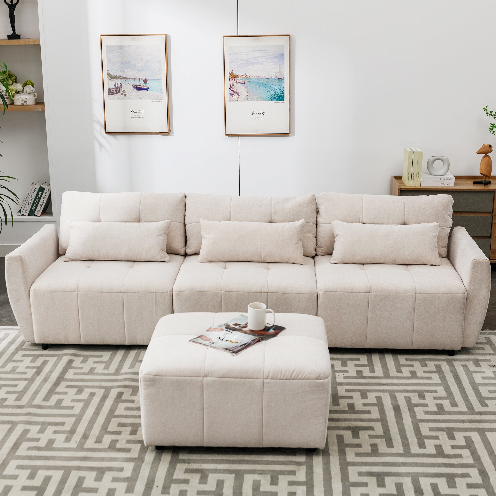 Khartoum Sectional Sofa with Movable Ottoman in Beige Chenille