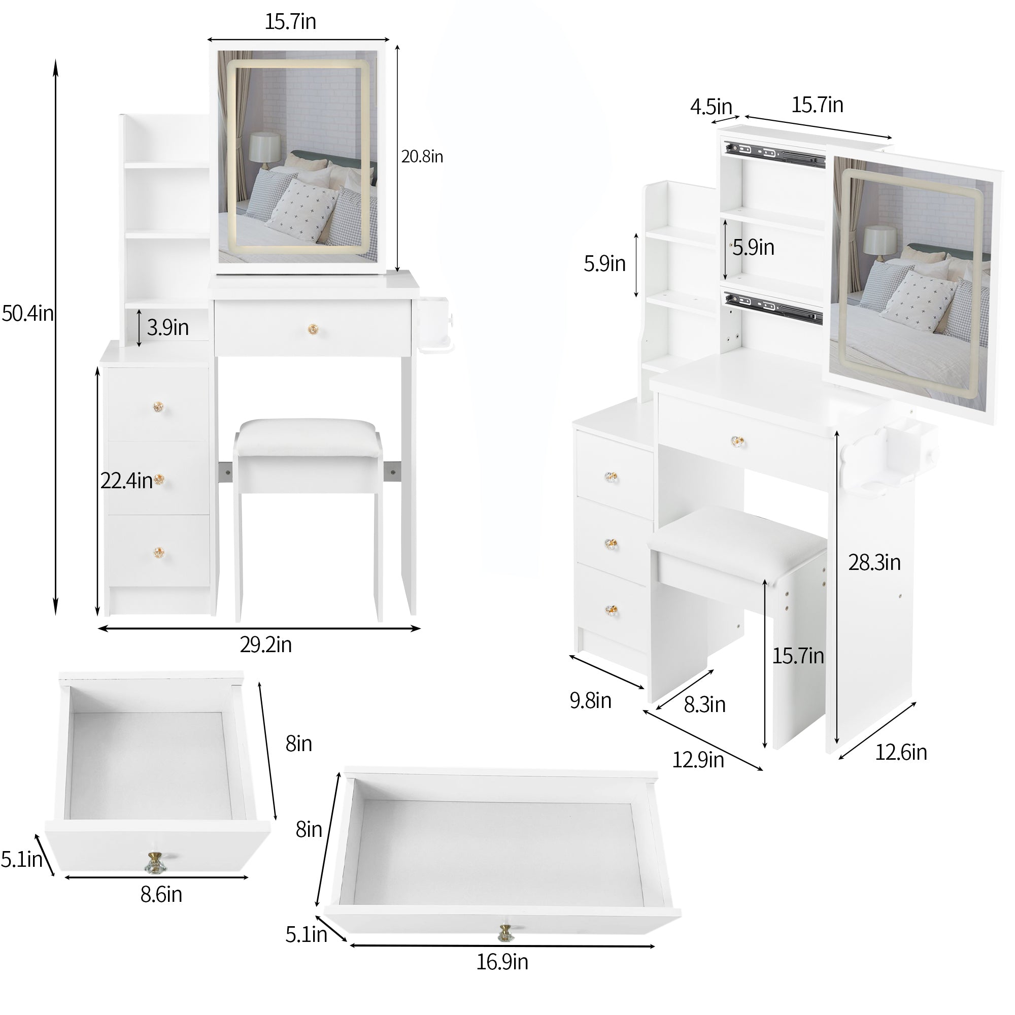 Small Size Left Bedside Cabinet Vanity Table With Cushioned Stool 2 AC 2 USB Power Station Touch Control LED Mirror Tri-color Switching In White