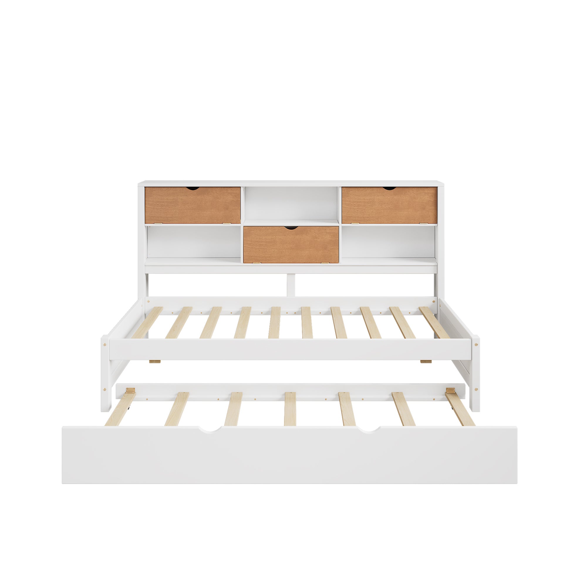 White & Walnut Twin Modern Daybed with Storage Cabinets and Trundle