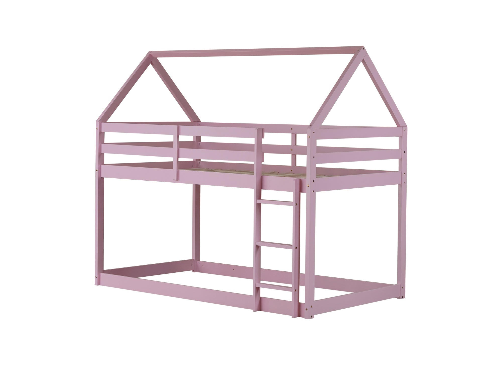 Twin Over Twin Pink House-Shaped Floor Bunk Bed with Ladder and Guardrails