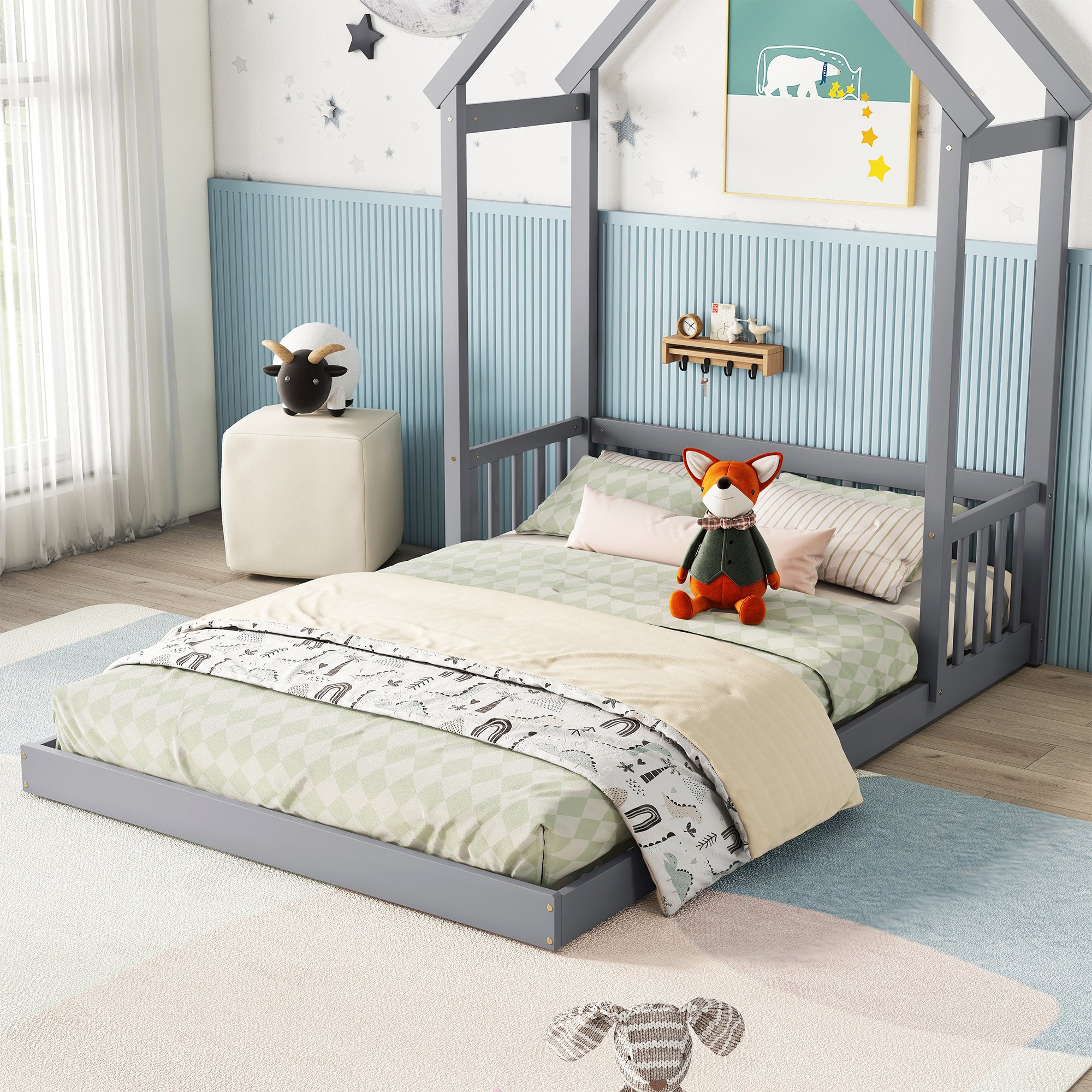 Gray Full Roof-Framed Headboard Toddler Floor Bed