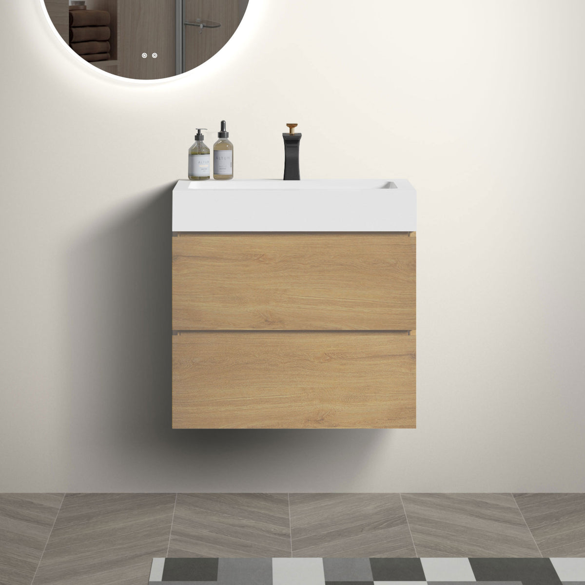 24 Inch Natural Oak Wall Mounted Bathroom Vanity with Sink and Large Storage In Natural Oak