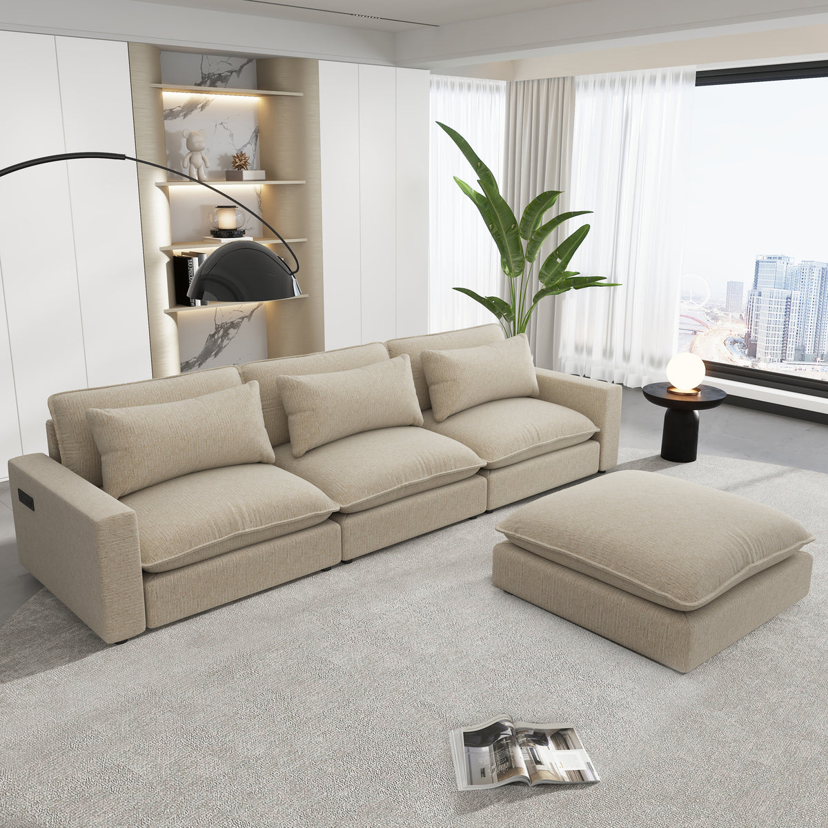 Lisbon Sectional Sofa with Movable Ottoman in Beige