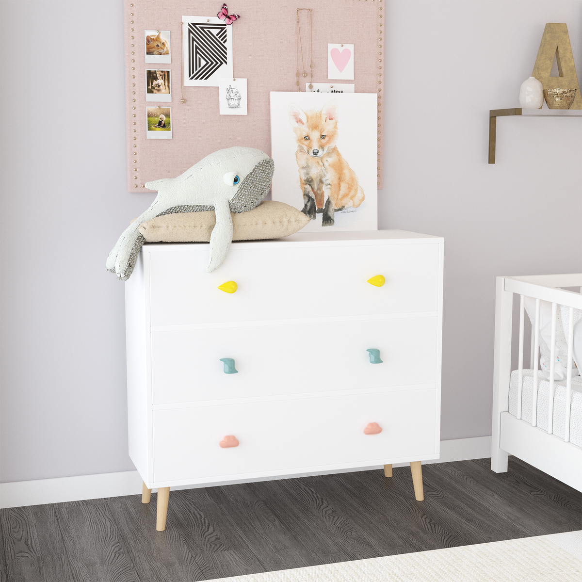 Kids 3 Drawer Dresser and Nightstand for Baby Storage In White