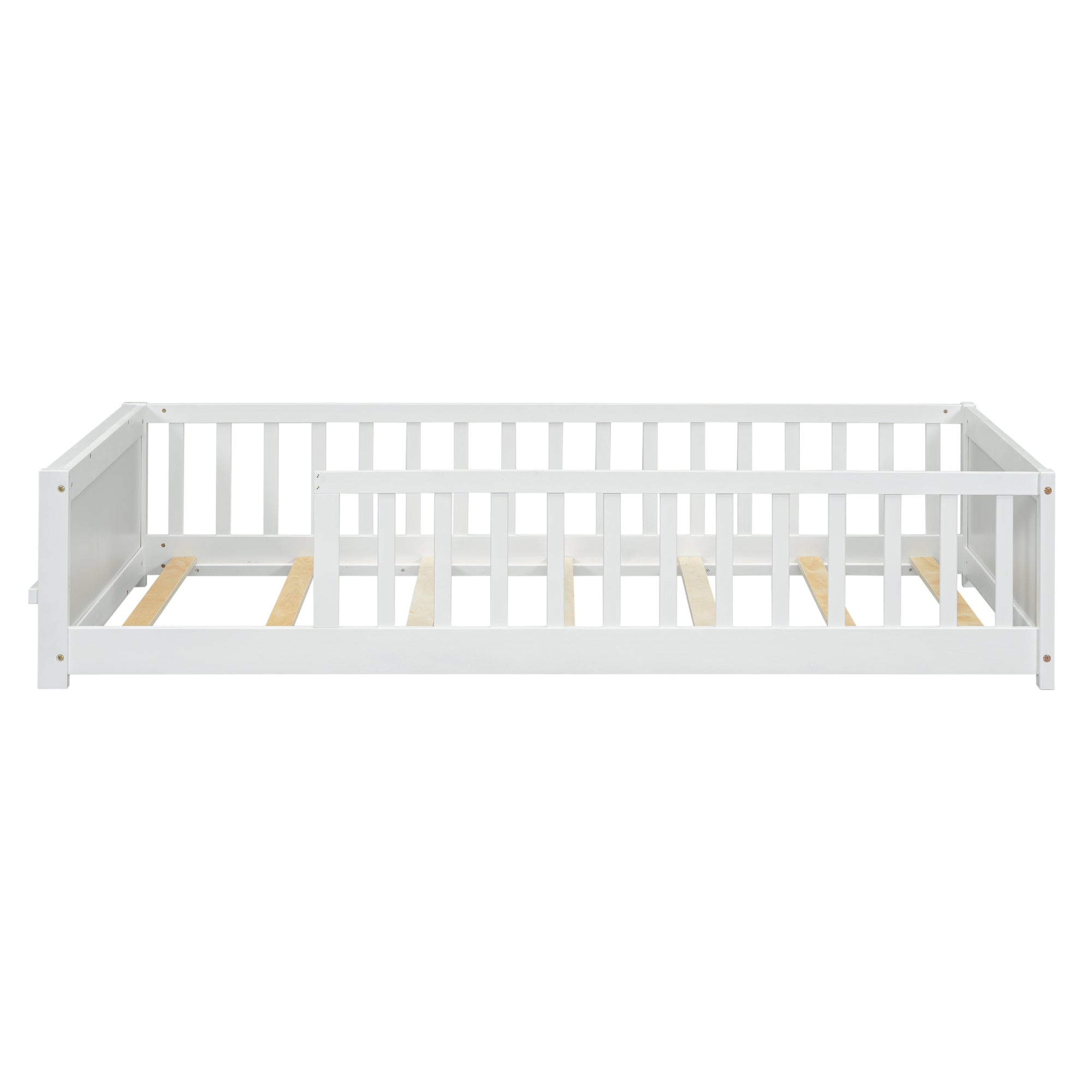 White Twin Toddler Floor Platform Bed with Built-in Book Storage Rack