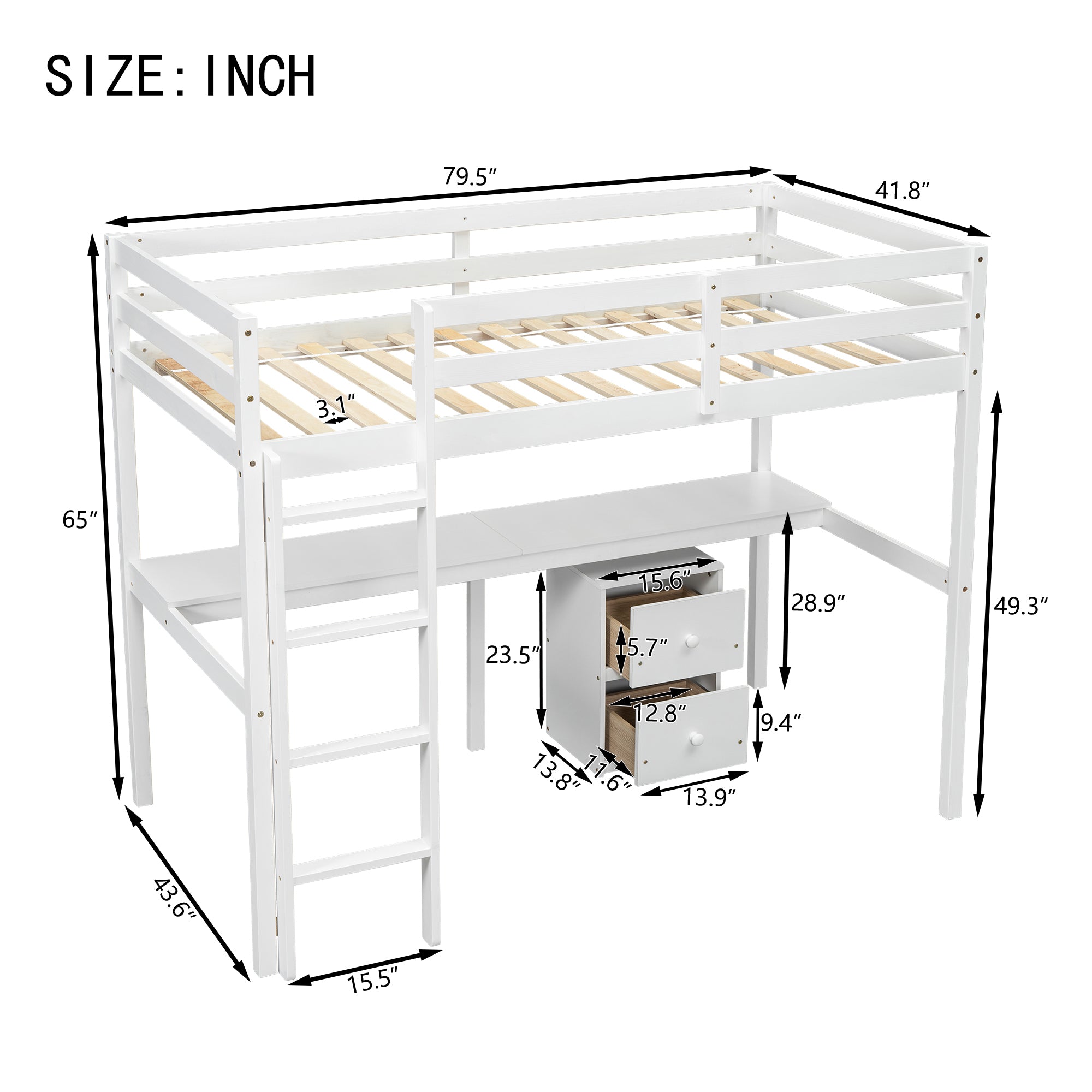 White Twin Loft Bed with Built-in Desk, Storage Cabinet, Guardrails & Ladder