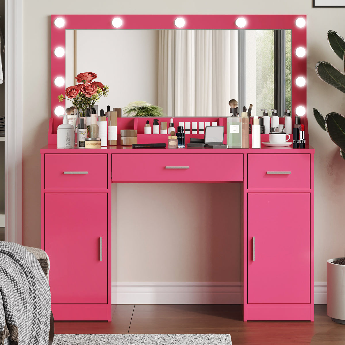 47.2 Vanity Desk with Large Mirror and 3 Lighting Modes Adjustable Brightness with 3 Drawers and 2 Cabinets In Rose Pink