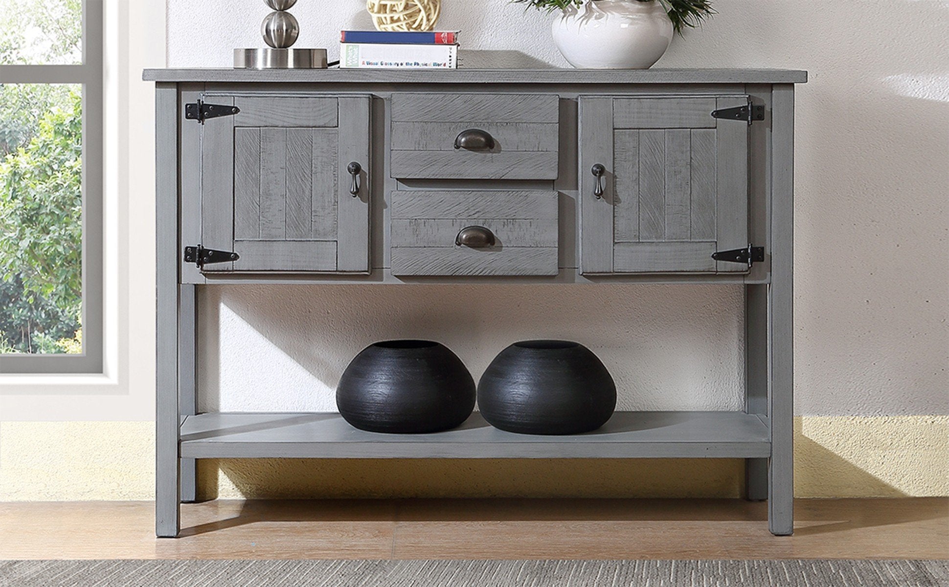 48 Inch Solid Wood Sideboard Console Table With 2 Drawers And Cabinets Retro Style Storage Buffet Server For Living Room Kitchen In Antique Gray