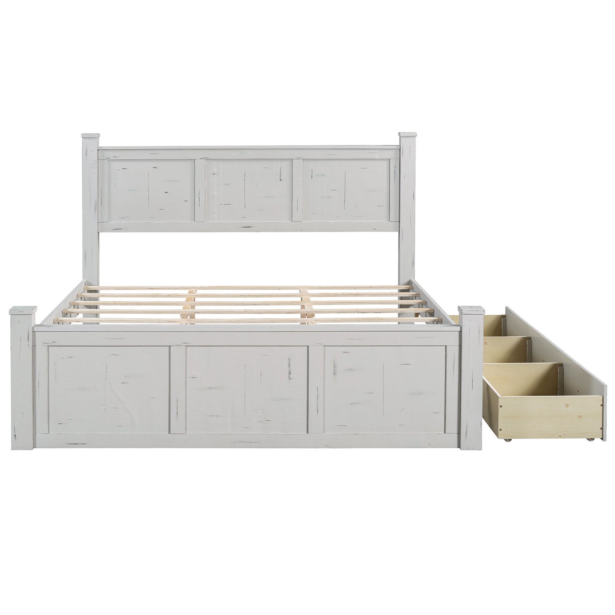 Ancient White King Size Farmhouse Bed with Storage Drawers