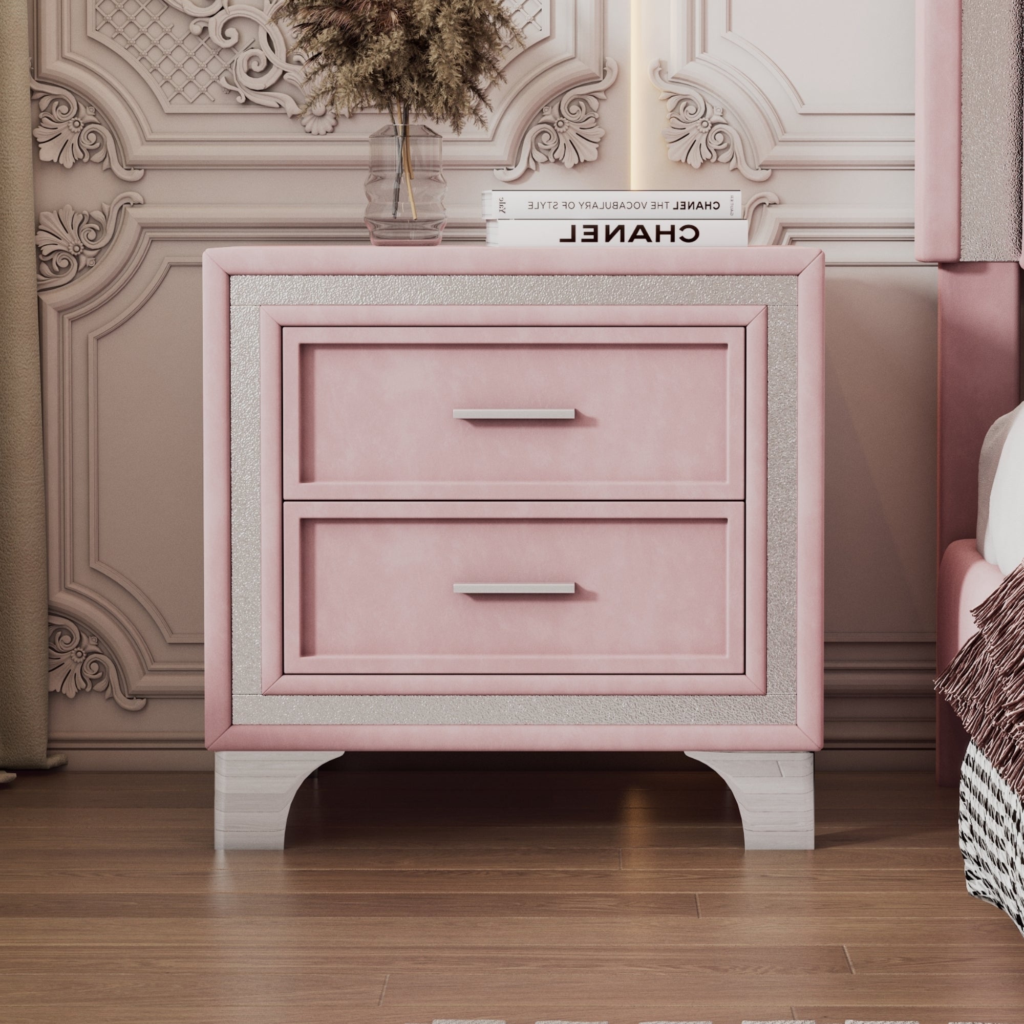 Mid Century Vintage Nightstand Velvet Bedside Table with 2 Drawers In Pink