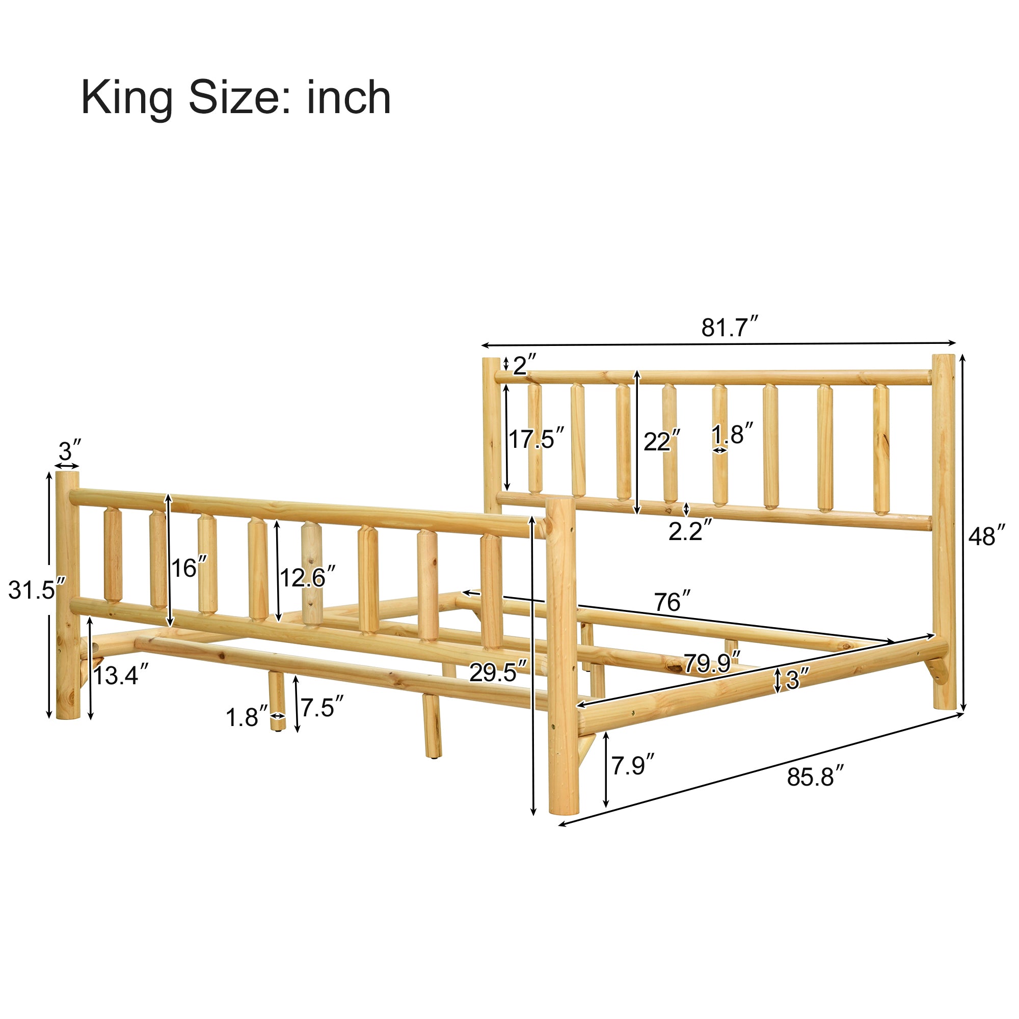 King Farmhouse Round Timber Bed Frame in Natural Pine