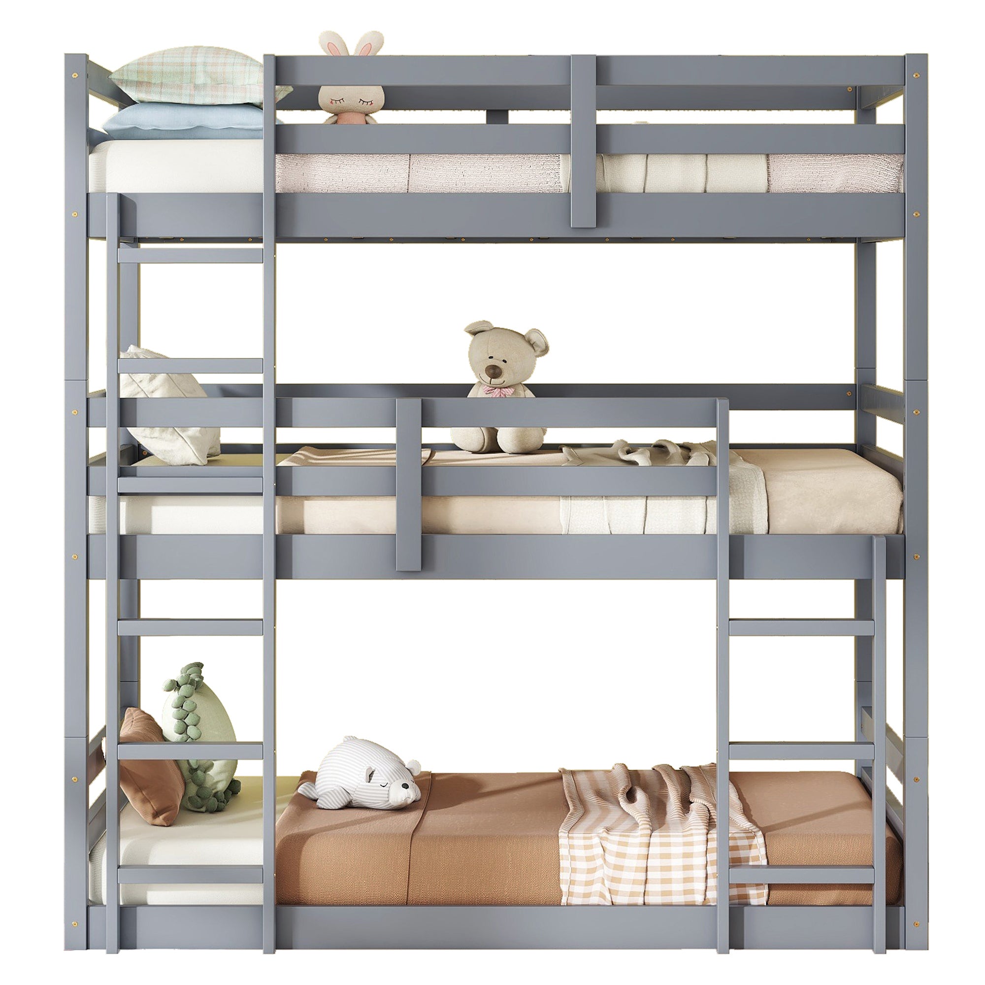 Gray Triple Rubber Wood Bunk Bed with Built-in Ladders and Guardrails