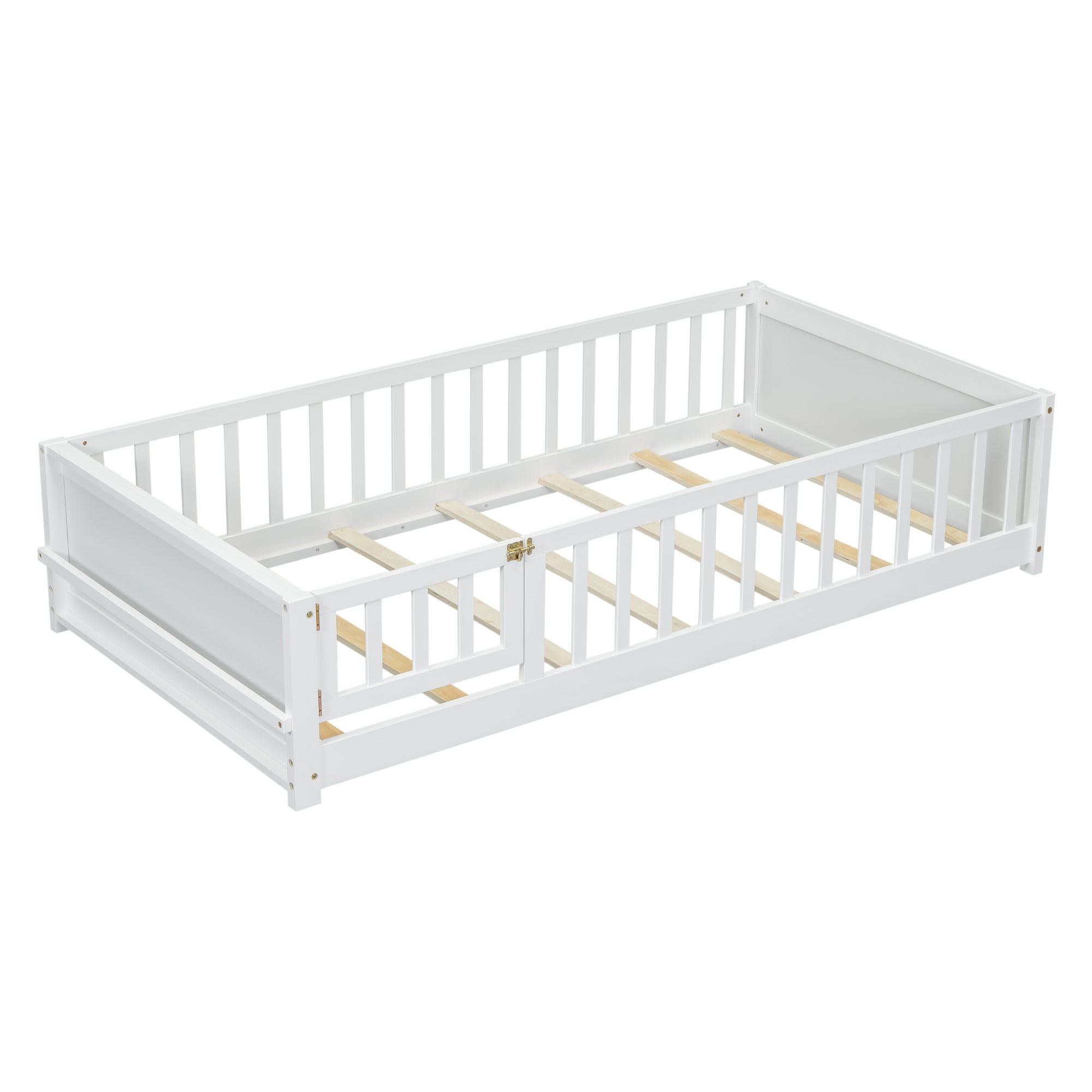 White Twin Toddler Floor Platform Bed with Built-in Book Storage Rack and Door