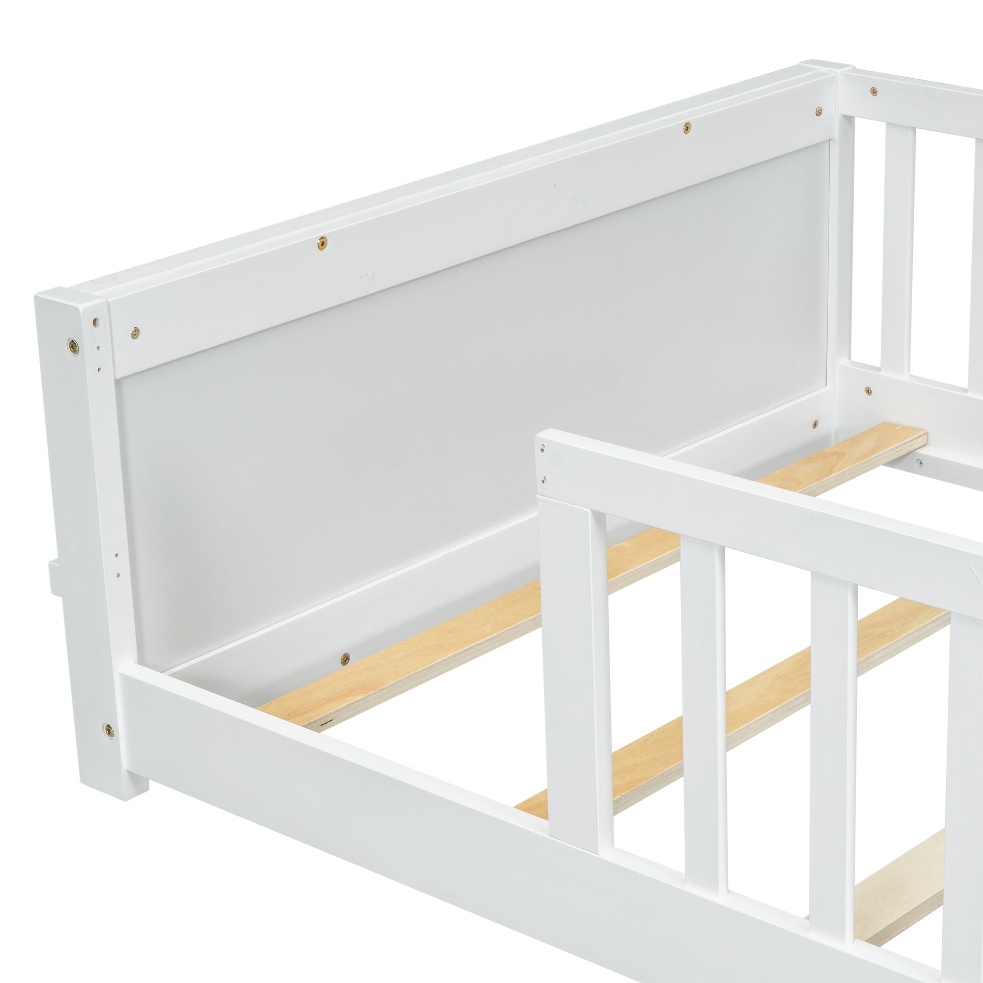 White Twin Toddler Floor Platform Bed with Built-in Book Storage Rack