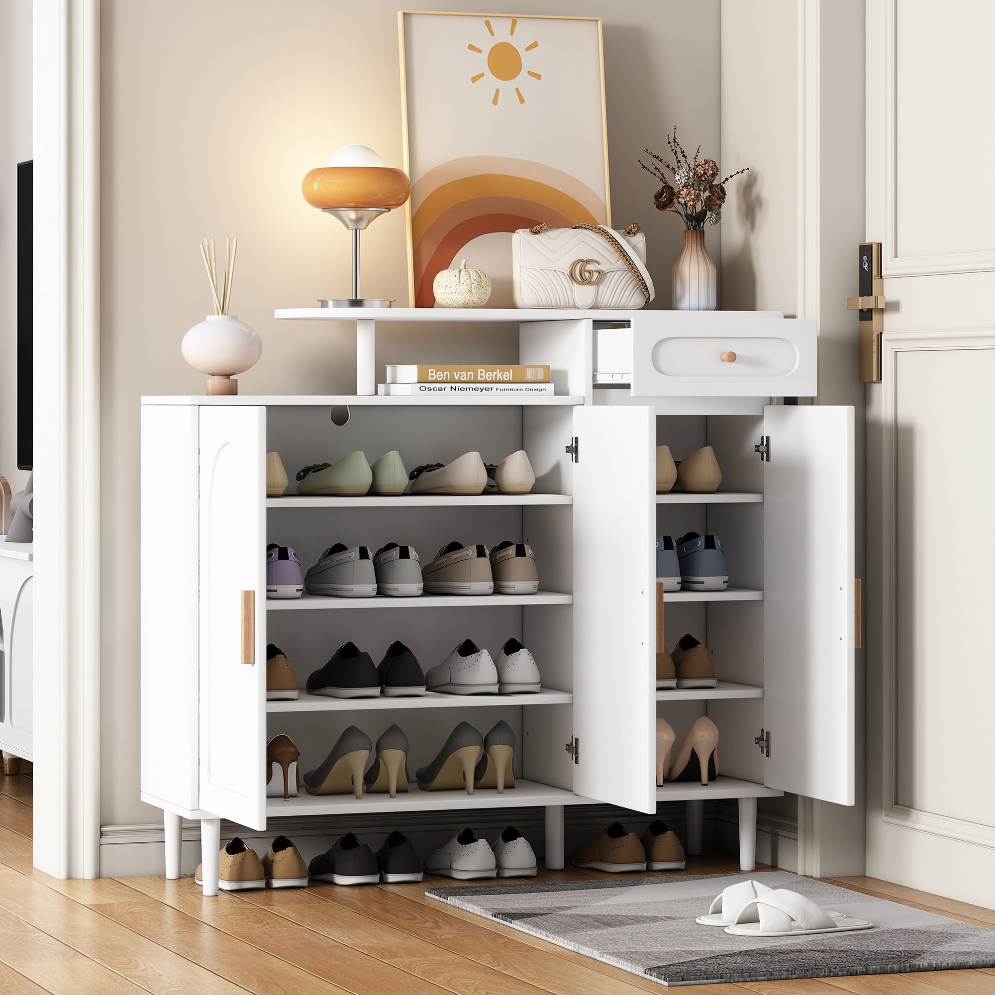 Elegant Shoe Cabinet with Arched Doors and Drawer, Cream Style Storage Sideboard with Adjustable Shelves and Solid Wood Legs In White