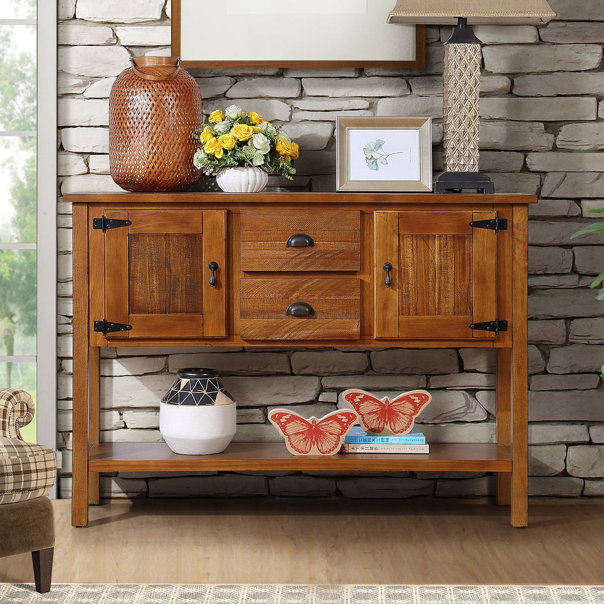 48 Inch Solid Wood Sideboard Console Table With 2 Drawers And Cabinets Retro Style Storage Buffet Server For Living Room Kitchen In Brown