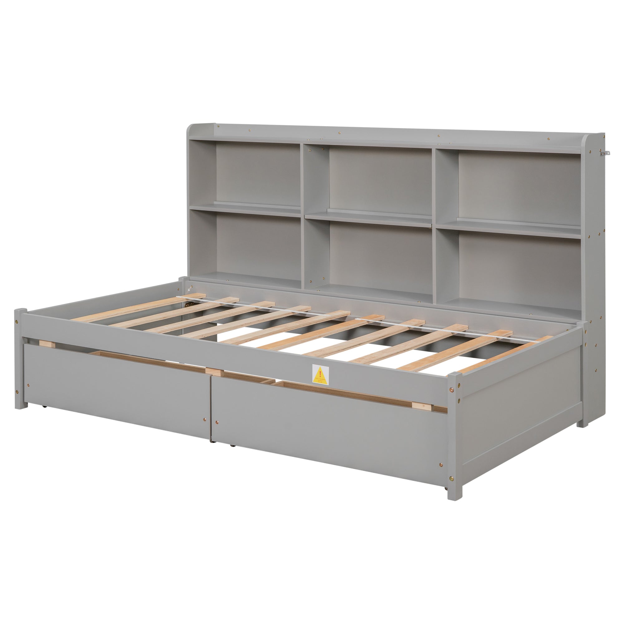 Twin Bed with Side Bookcase and Storage Drawers in Gray