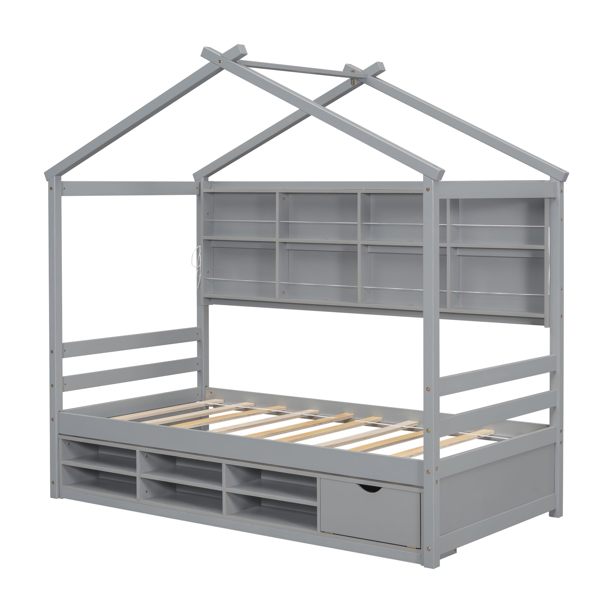 Gray Twin House Bed with Roof Frame, Bedside Shelves & Under-Bed Storage Unit