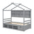 Gray Twin House Bed with Roof Frame, Bedside Shelves & Under-Bed Storage Unit