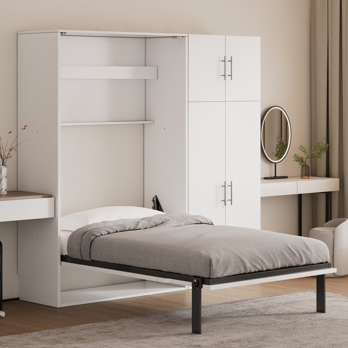 Twin Size Murphy Bed with Lockers and Wardrobes Space Saving Design In White