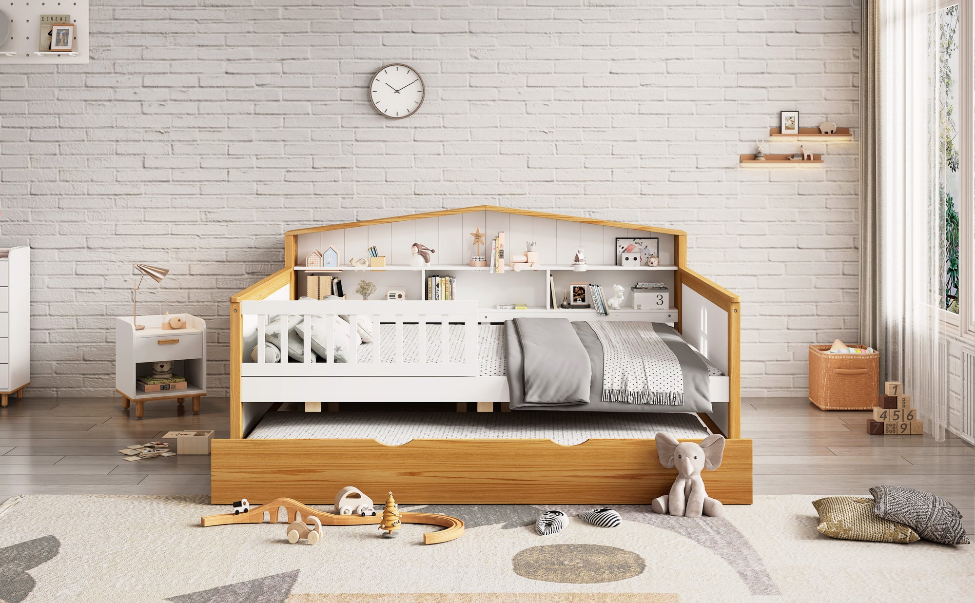 Full Size Safety Bed Frame with Trundle and Integrated Bookcase Headboard