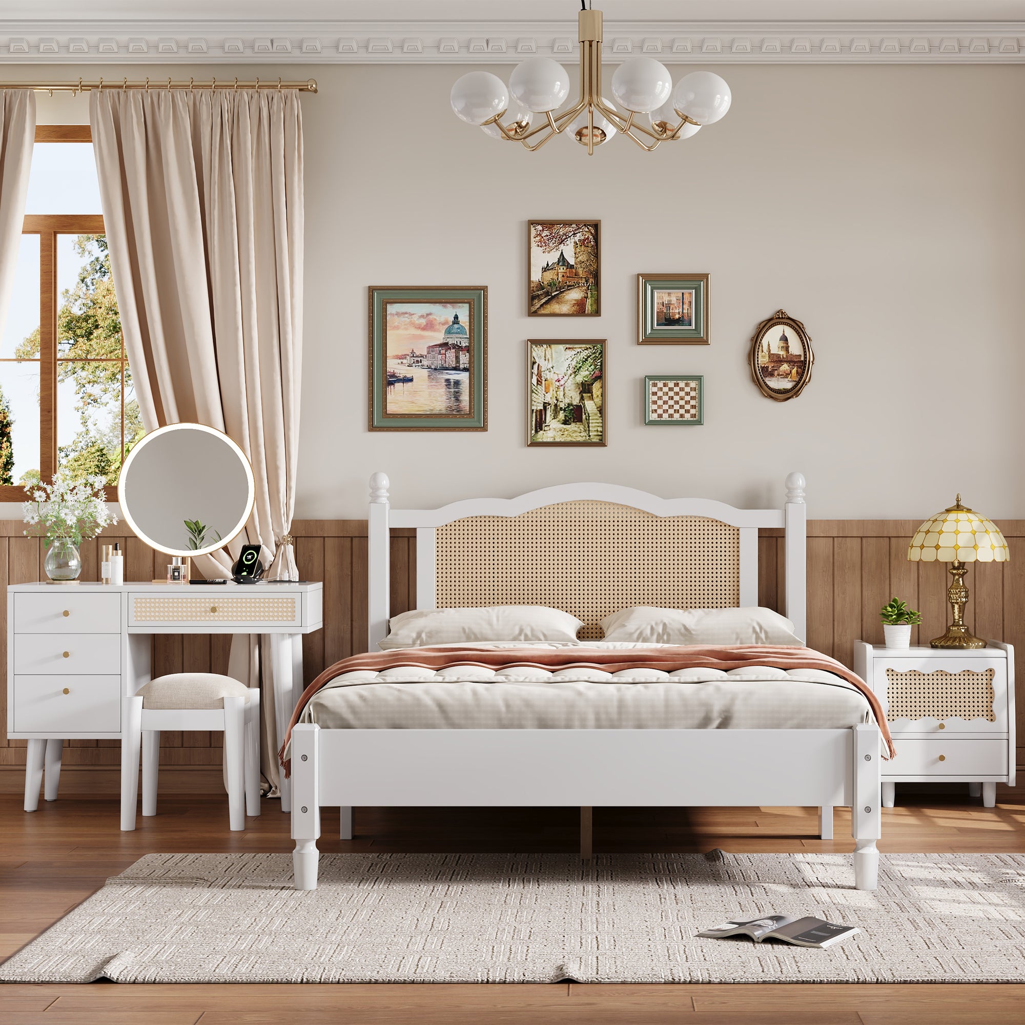 3 Pieces Bedroom Set with Full Size Wooden Bed Frame and Makeup Vanity Set In White