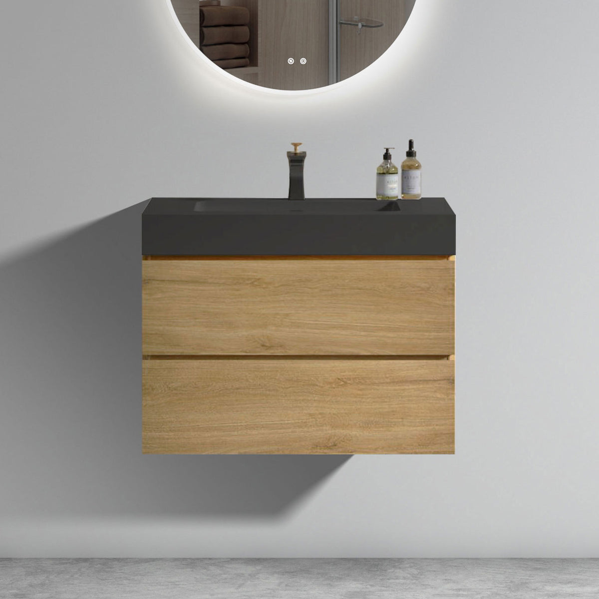 Natural Oak Wall Mounted Bathroom Vanity with One-Piece Black Sink Basin and Ample Storage In Light Oak