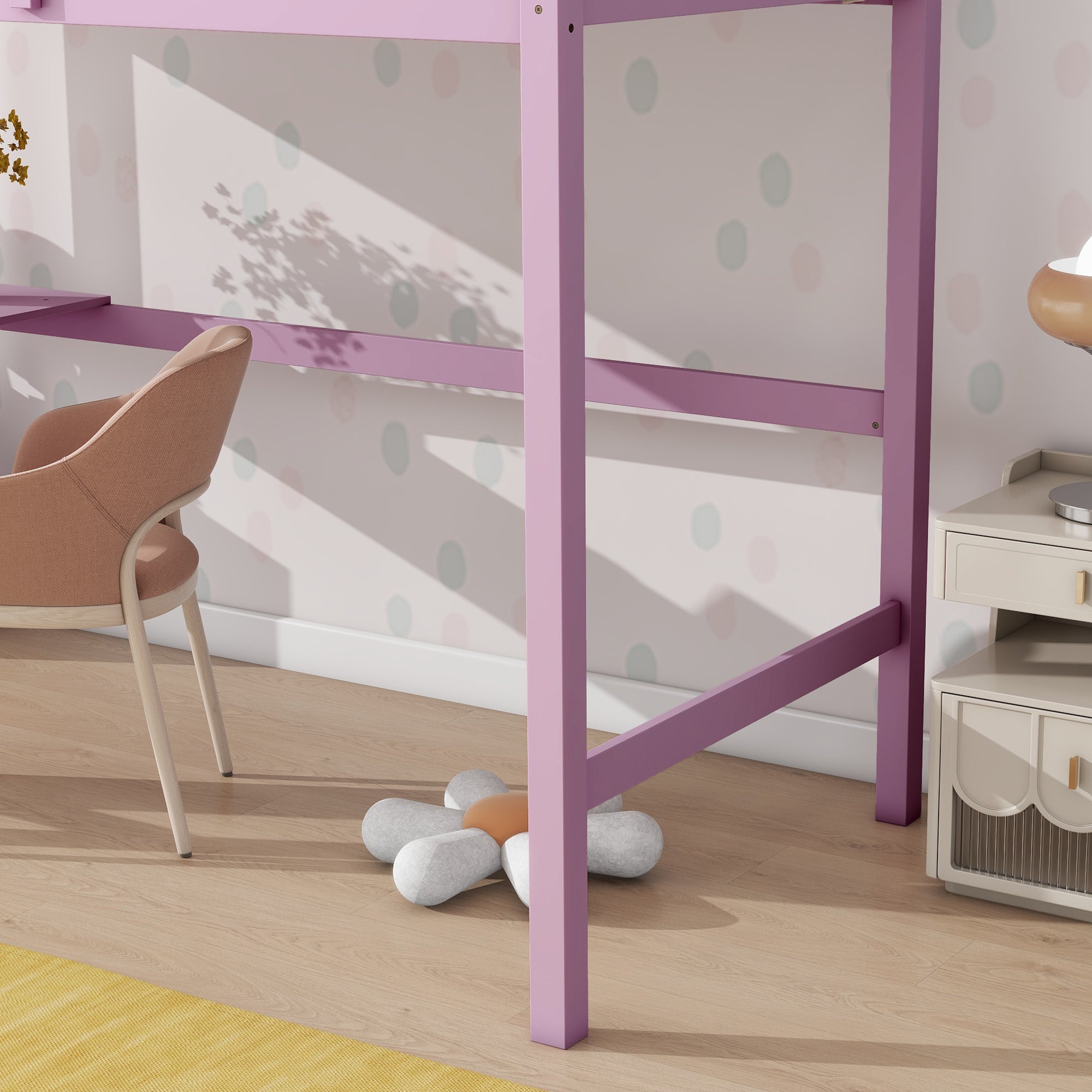 Pink Twin High Loft Bed with Built-in Desk, Rubber Wood Frame, and Safety Guardrail