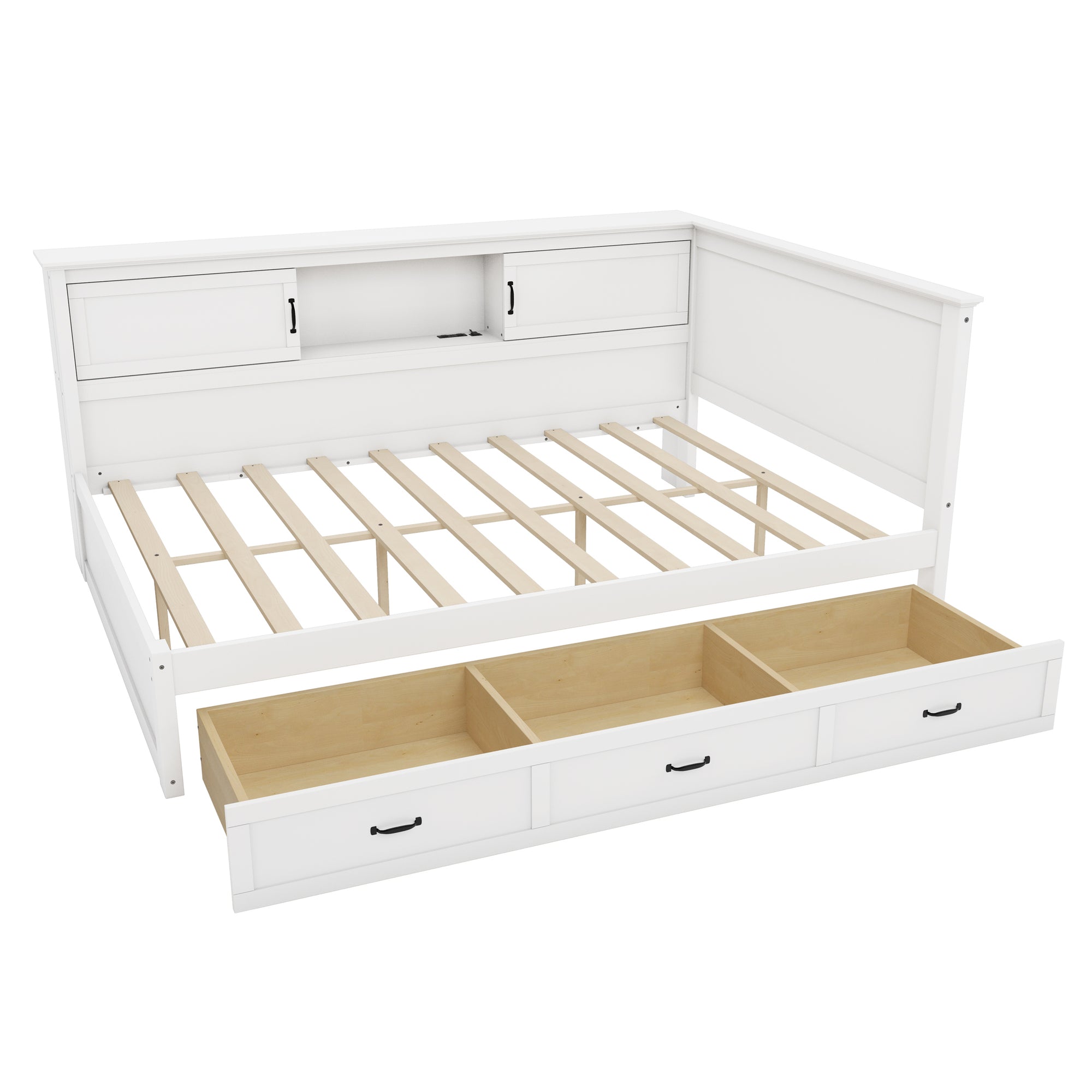 Full L-Shaped Daybed with Storage Cabinets, Drawers & Built-In Charging Station