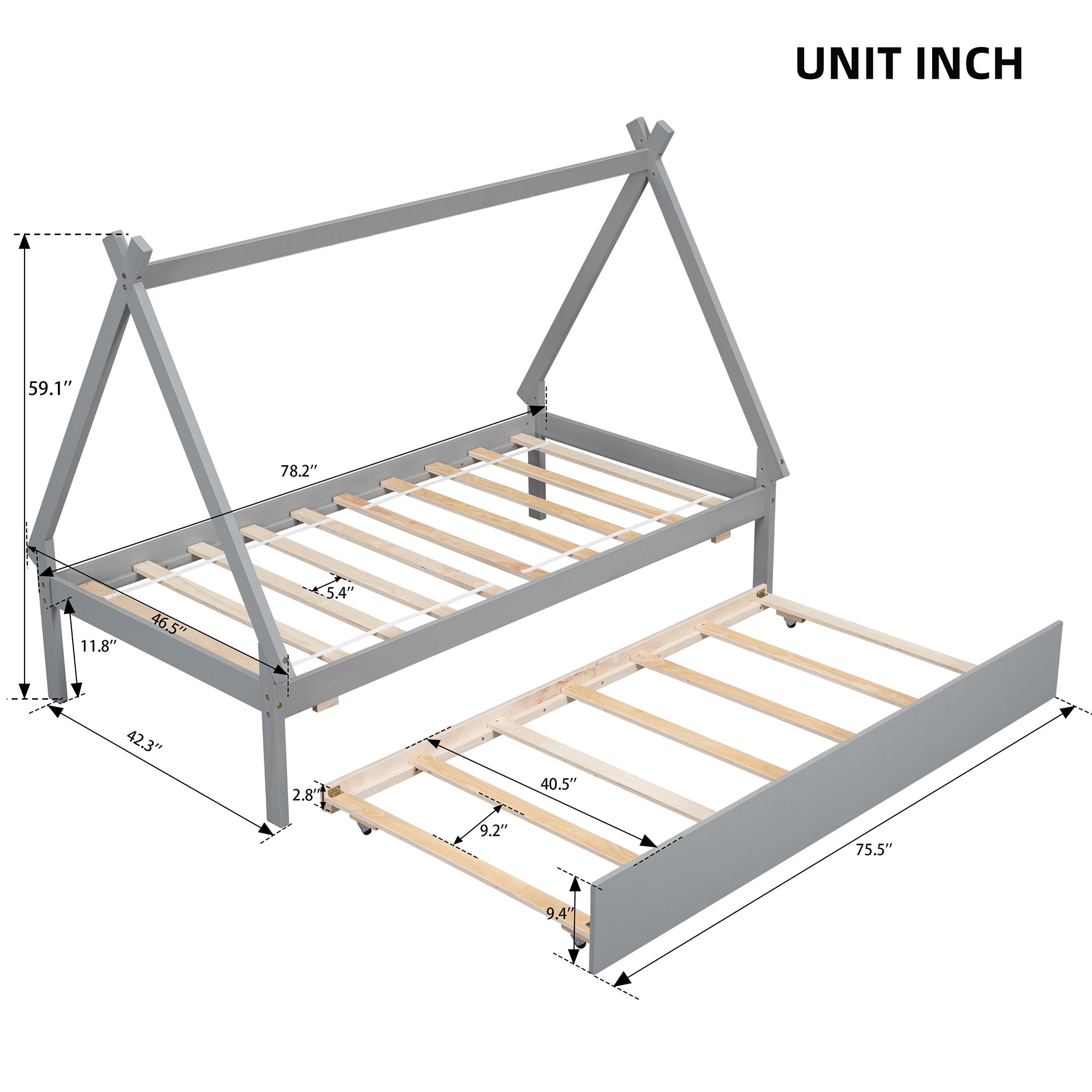 Gray Twin Size Tent Floor Bed with Trundle