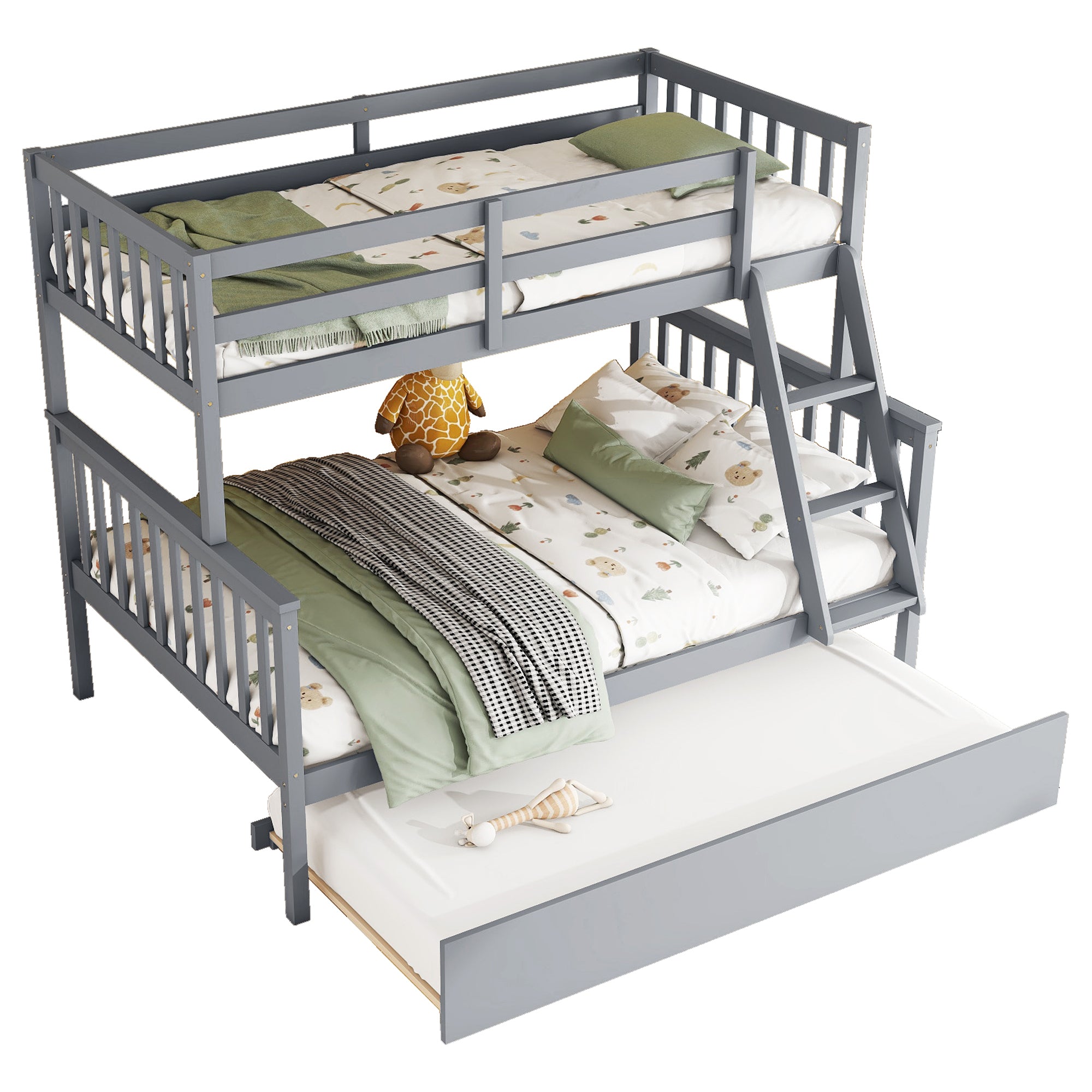 Convertible Gray Twin Over Full Rubber Wood Bunk Bed with Trundle