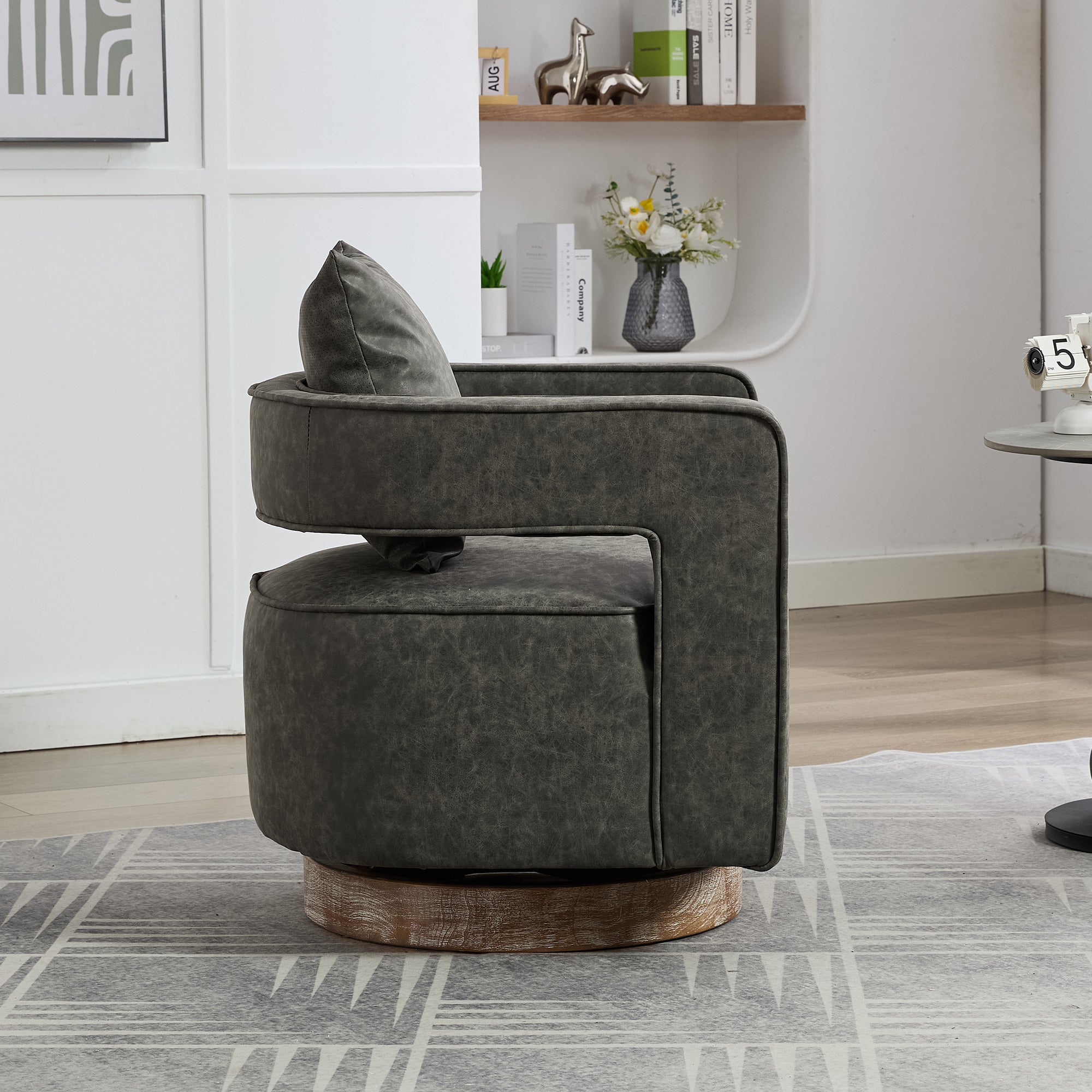 Futuristic Open Back Gray Swivel Accent Chair with Weathered Solid Wood Base