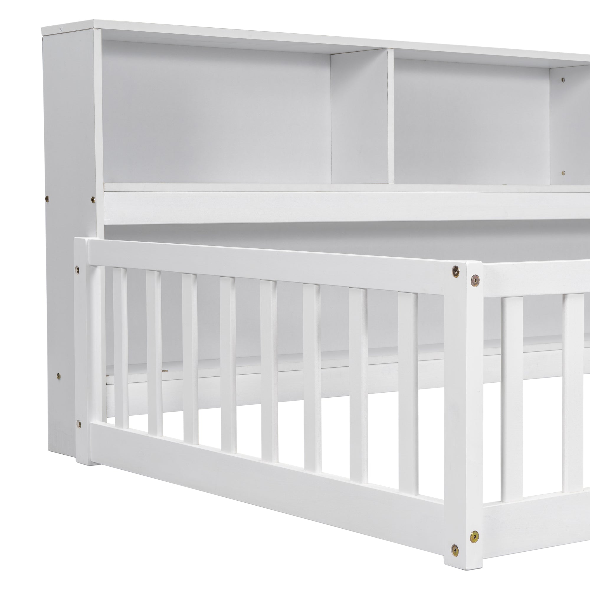 Twin Toddler Floor Bed with Bedside Bookcase, Shelves, and Guardrails in White