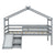 Gray Twin Low Loft House Bed with Slide, Ladder, and Roof Frame