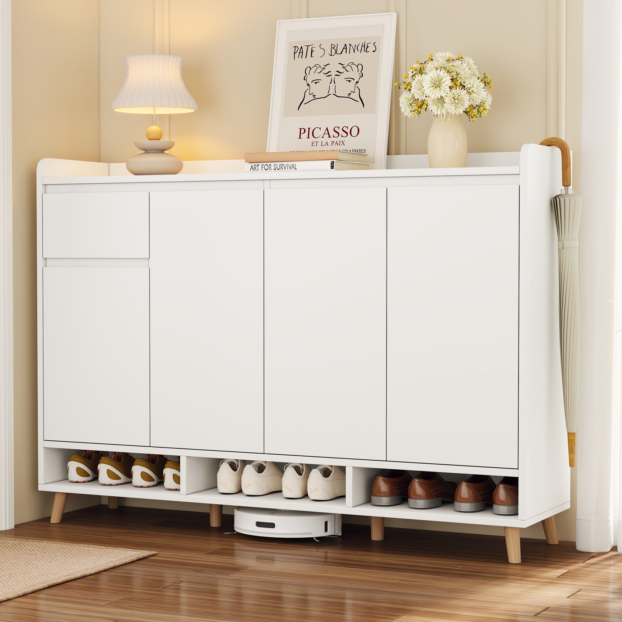 Sleek Contemporary Shoe Cabinet with Adjustable Shelves Minimalist Storage Organizer with Solid Wood Legs In White