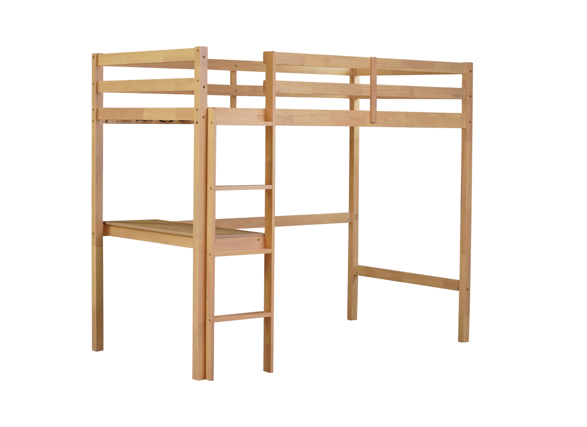 White Oak Twin High Loft Bed with Desk, Rubber Wood Frame