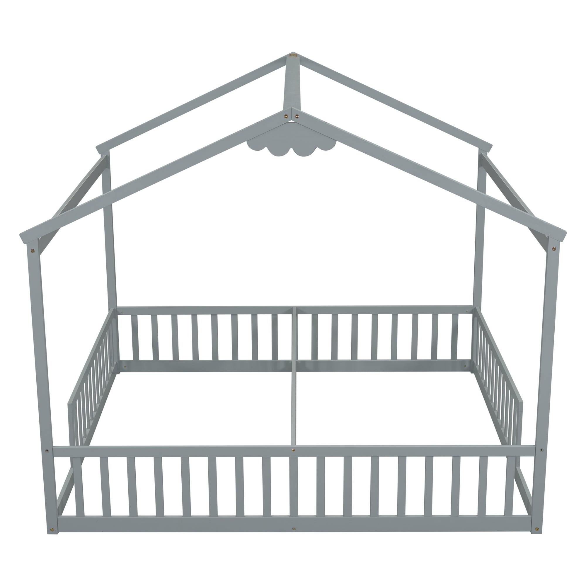 Gray Double Twin House-Style Toddler Floor Bed with Fence and Guardrails