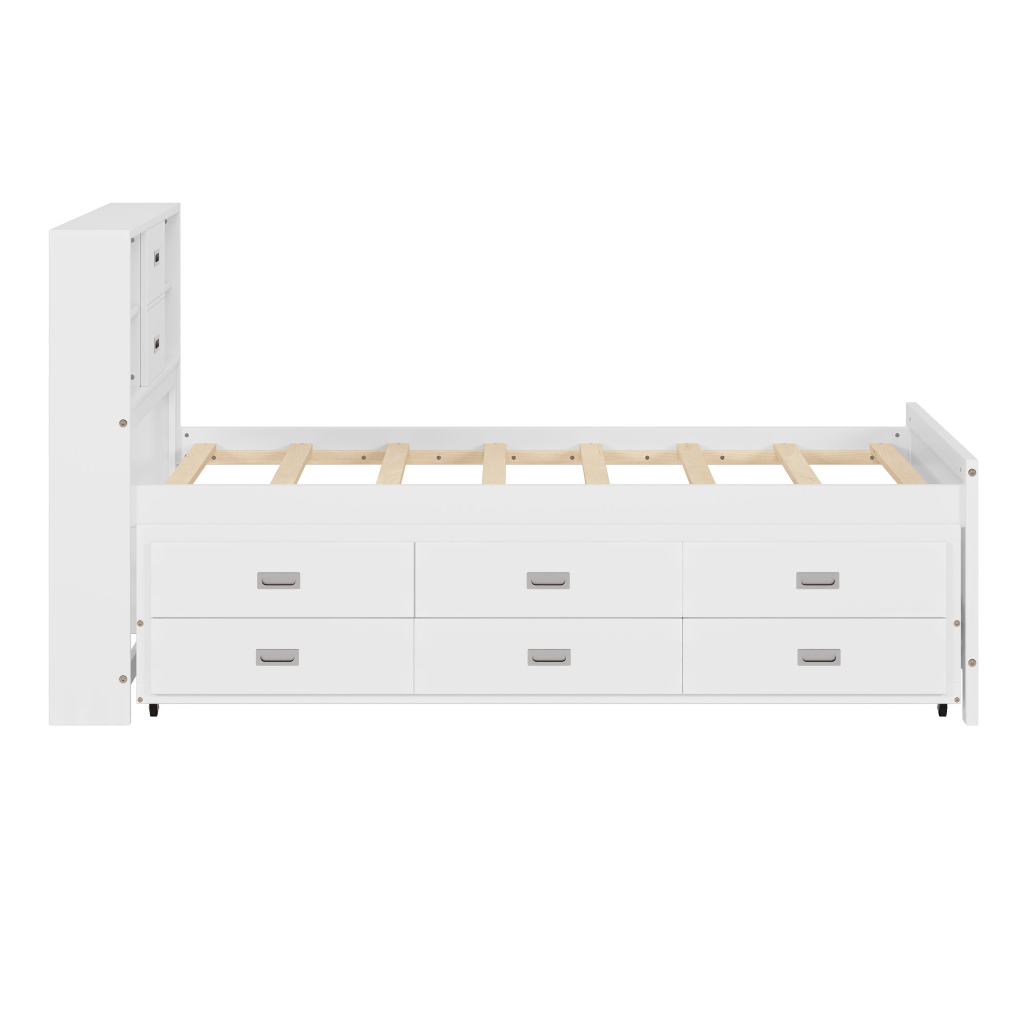 White Twin Platform Bed with Trundle, Drawers, and Storage Headboard