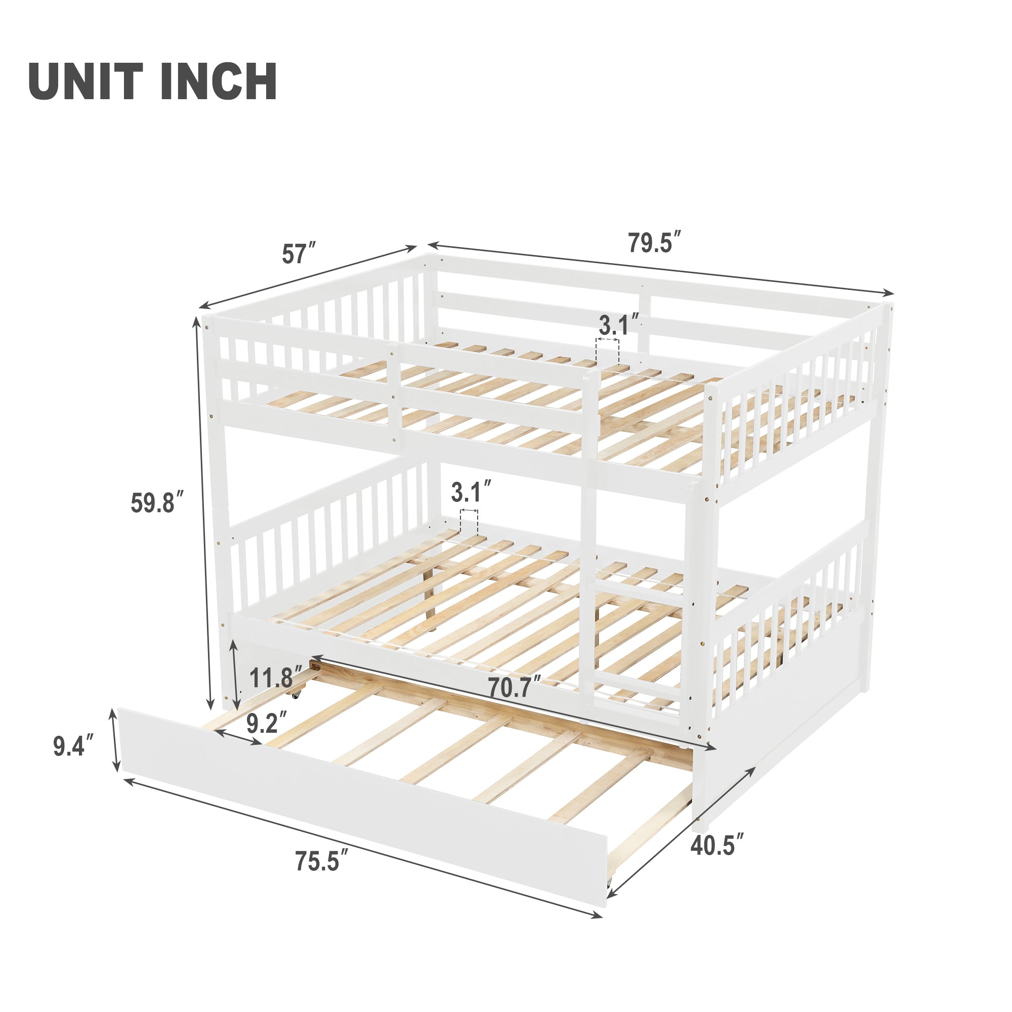 Convertible White Full Over Full Bunk Bed with Trundle