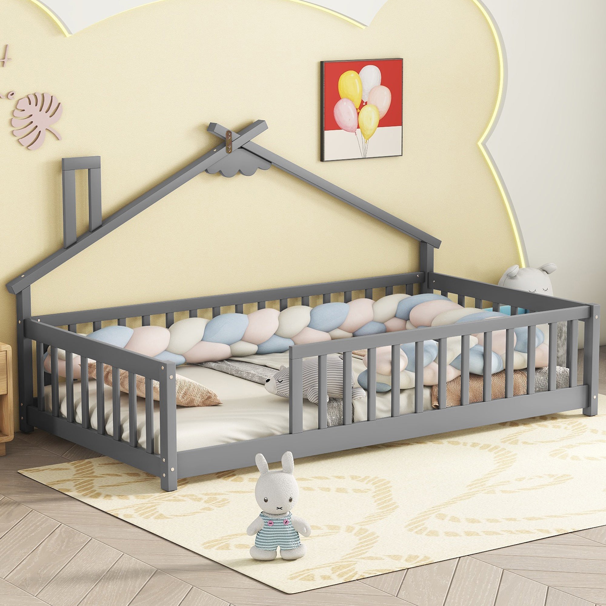 Gray Twin House-Shaped Bedside Toddler Floor Bed with Guardrails