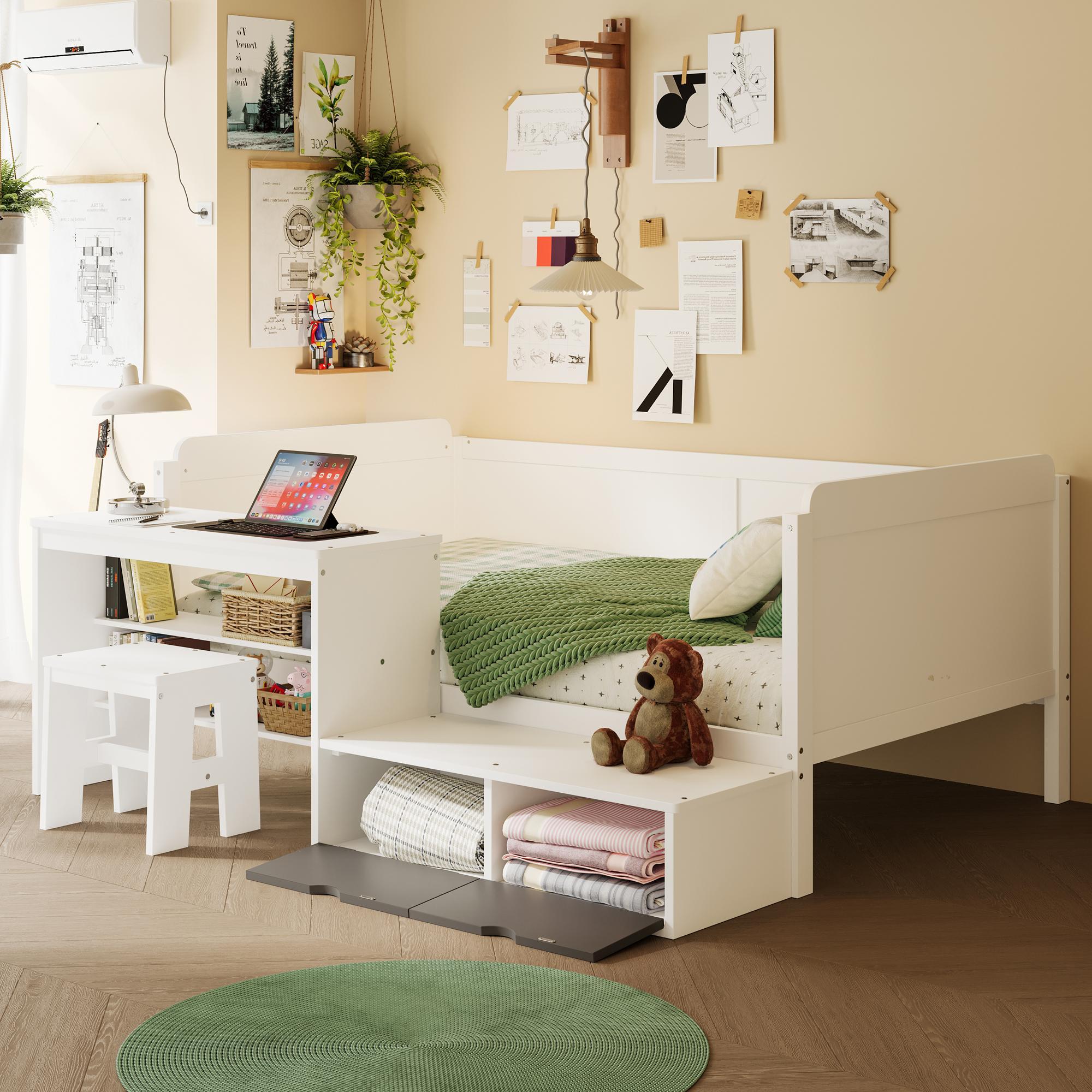 Wooden Twin Size Daybed with Storage Shelves and Study Desk In White